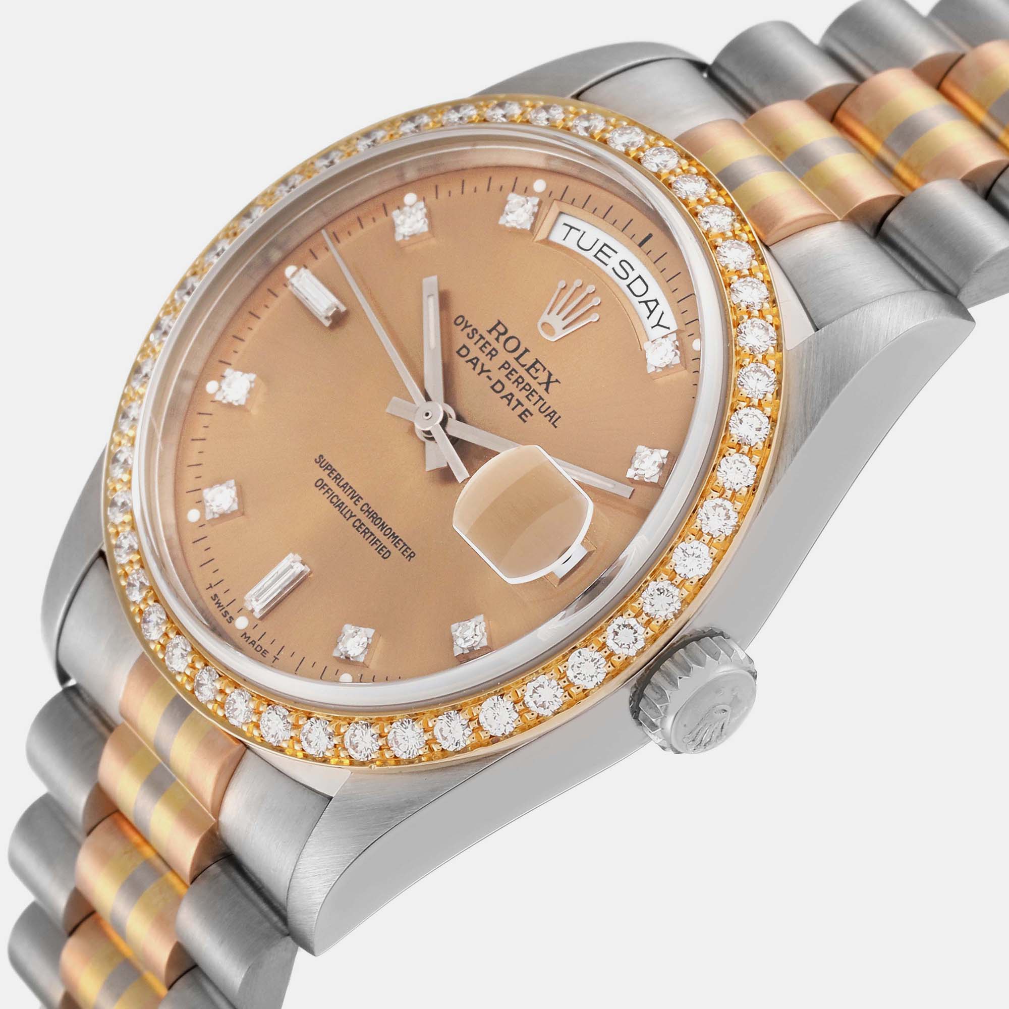 

Rolex President Day-Date Tridor White Yellow Rose Gold Diamond Mens Watch 18349