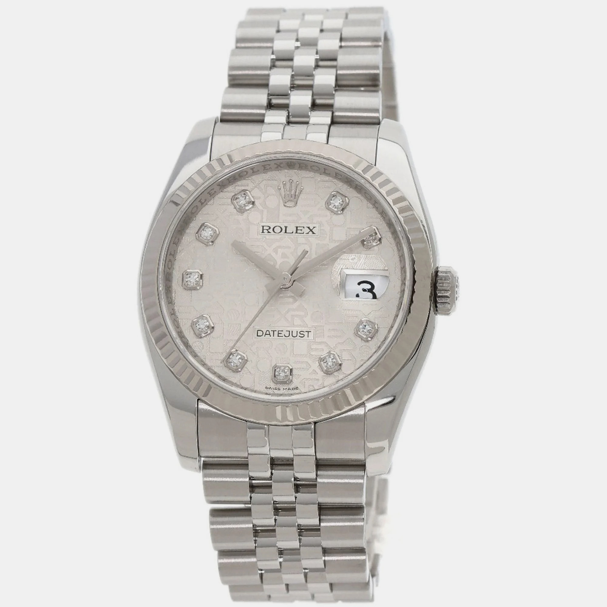Pre-owned Rolex Silver Diamond 18k White Gold And Stainless Steel Datejust 116234 Automatic Men's Wristwatch 36 Mm