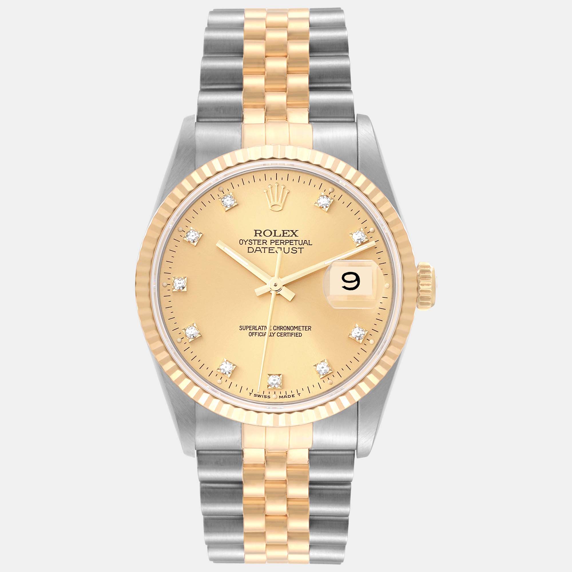 Pre-owned Rolex Datejust Champagne Diamond Dial Steel Yellow Gold Men's Watch 16233 36 Mm