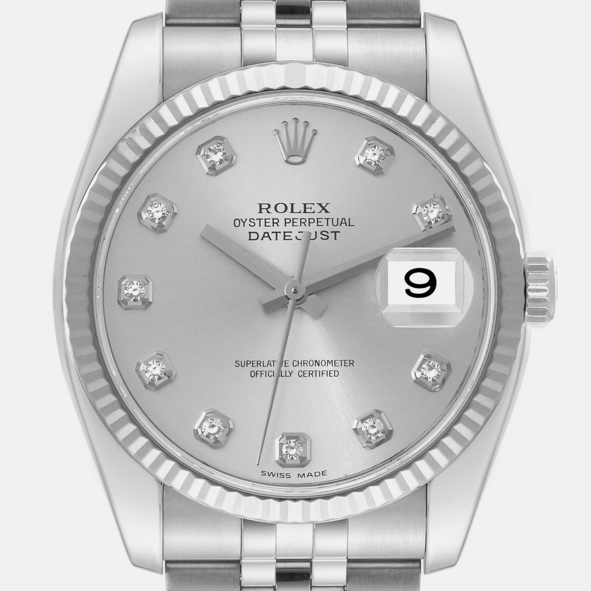 

Rolex Datejust Steel White Gold Silver Diamond Dial Men's Watch 116234 36 mm