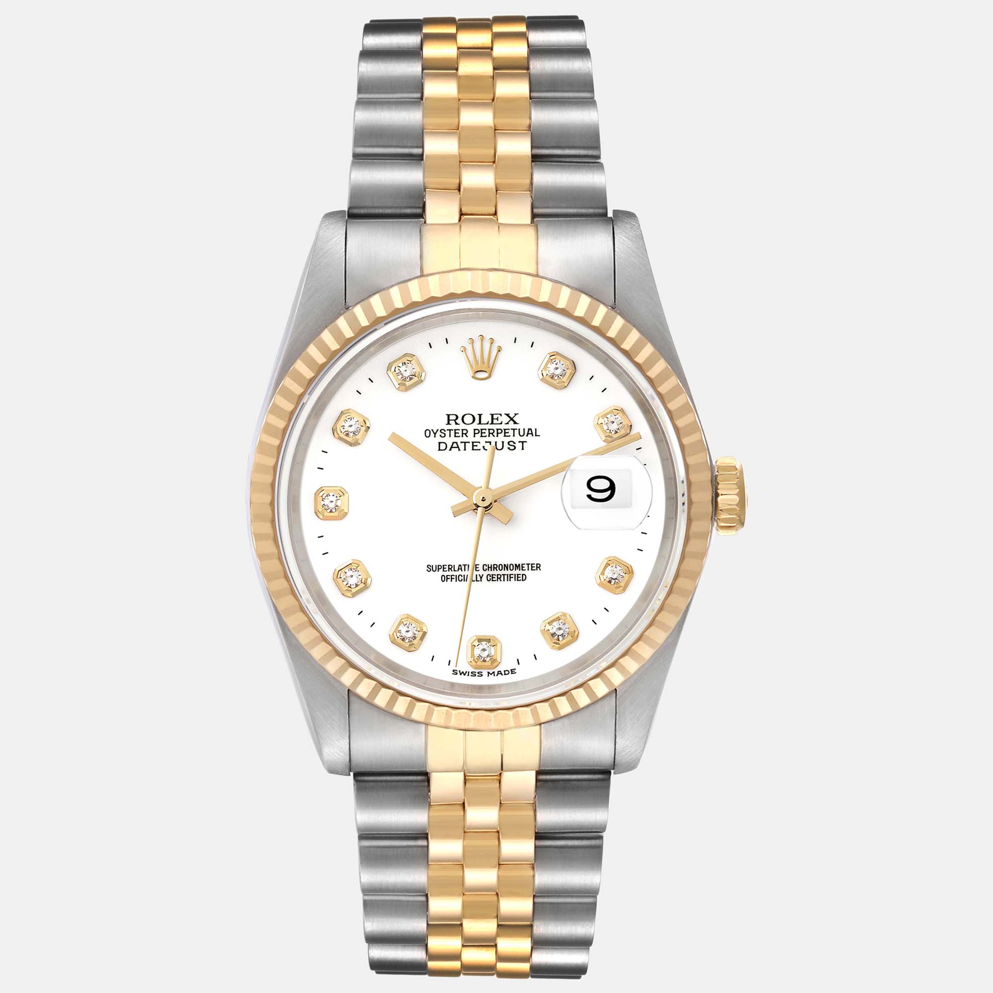 

Rolex Datejust Diamond Dial Steel Yellow Gold Men's Watch 16233 36 mm, White