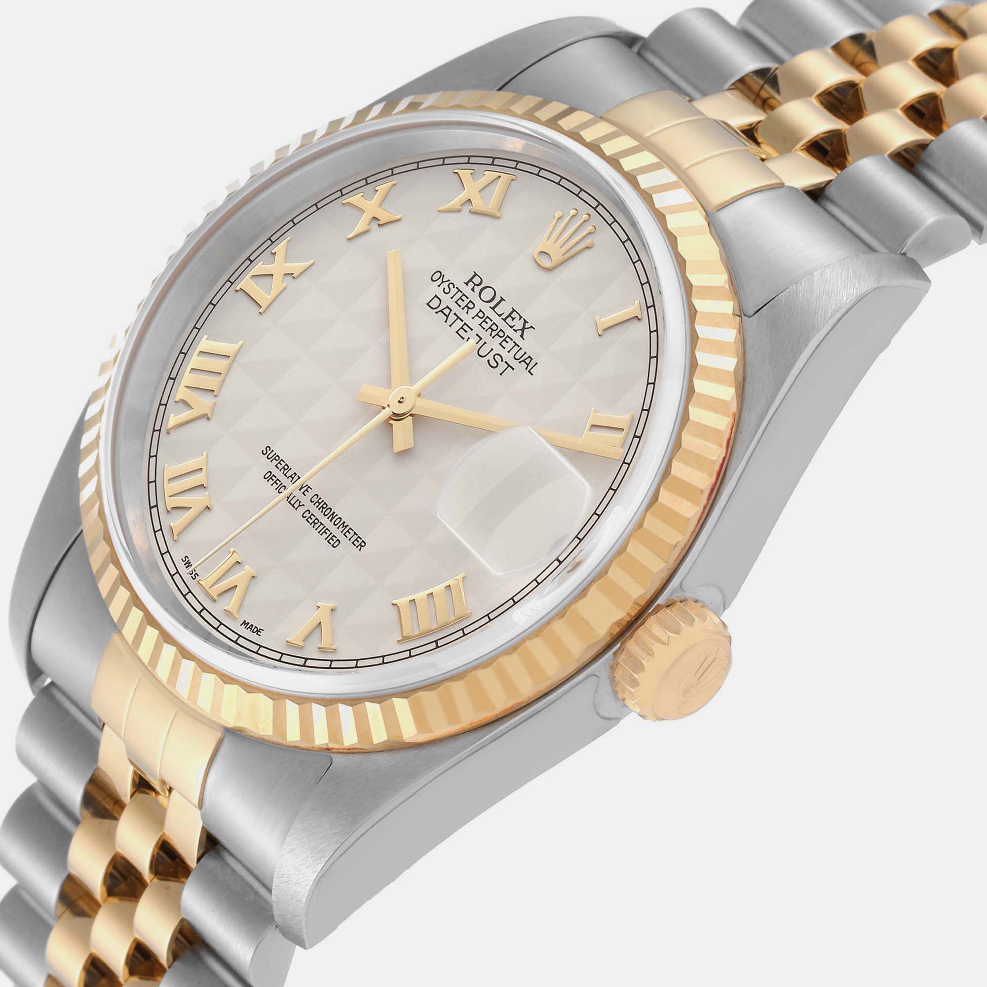 

Rolex Datejust Steel Yellow Gold Ivory Pyramid Dial Men's Watch 16233 36 mm, Beige