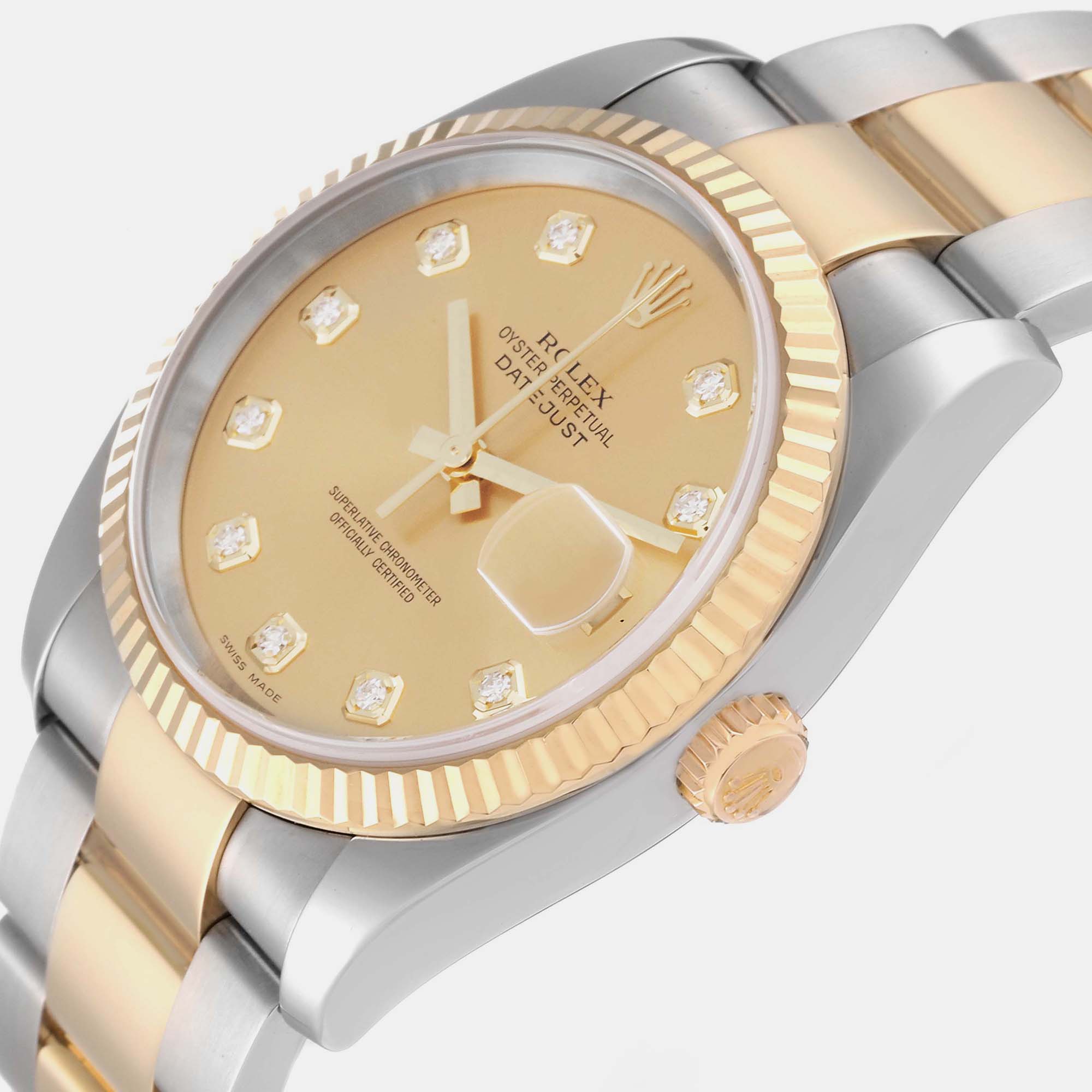 

Rolex Datejust Steel Yellow Gold Champagne Diamond Dial Mens Watch 116233 36 mm