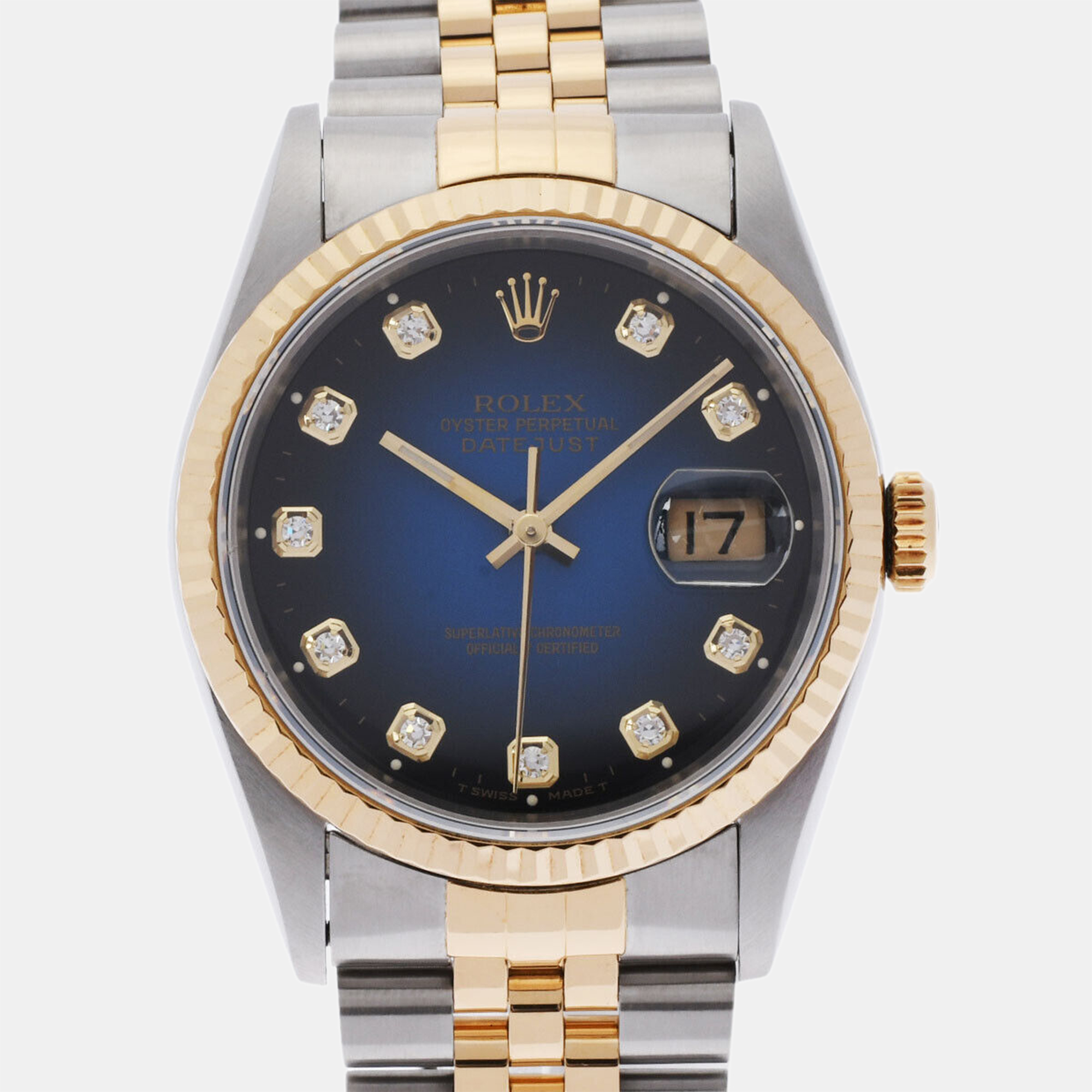 

Rolex Champagne Diamond 18k Yellow Gold Stainless Steel Datejust 16233 Automatic Men's Wristwatch 36 mm, Blue
