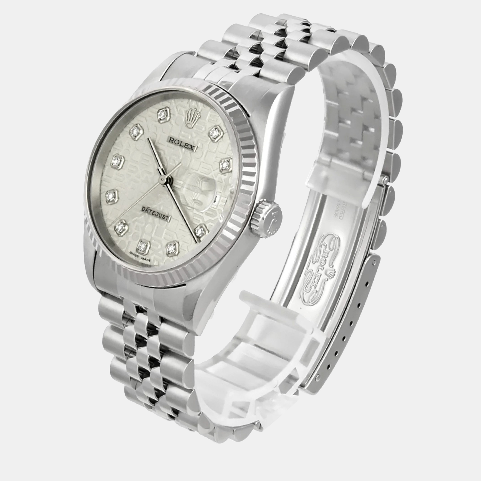 

Rolex Silver 18k White Gold Stainless Steel Diamond Datejust 16234 Automatic Men's Wristwatch 36 mm