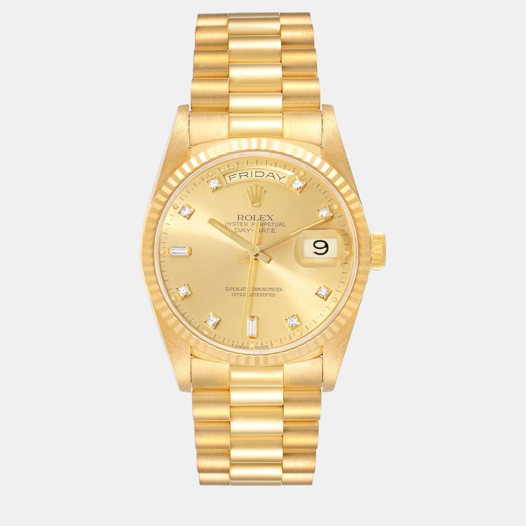 Pre-owned Rolex President Day-date Yellow Gold Champagne Diamond Dial Mens Watch 18238 36 Mm