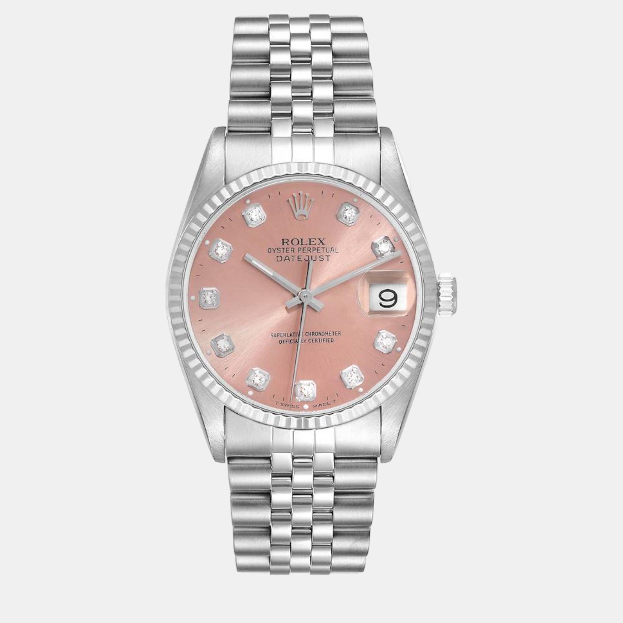 Pre-owned Rolex Datejust Steel White Gold Salmon Diamond Dial Mens Watch 16234 In Pink