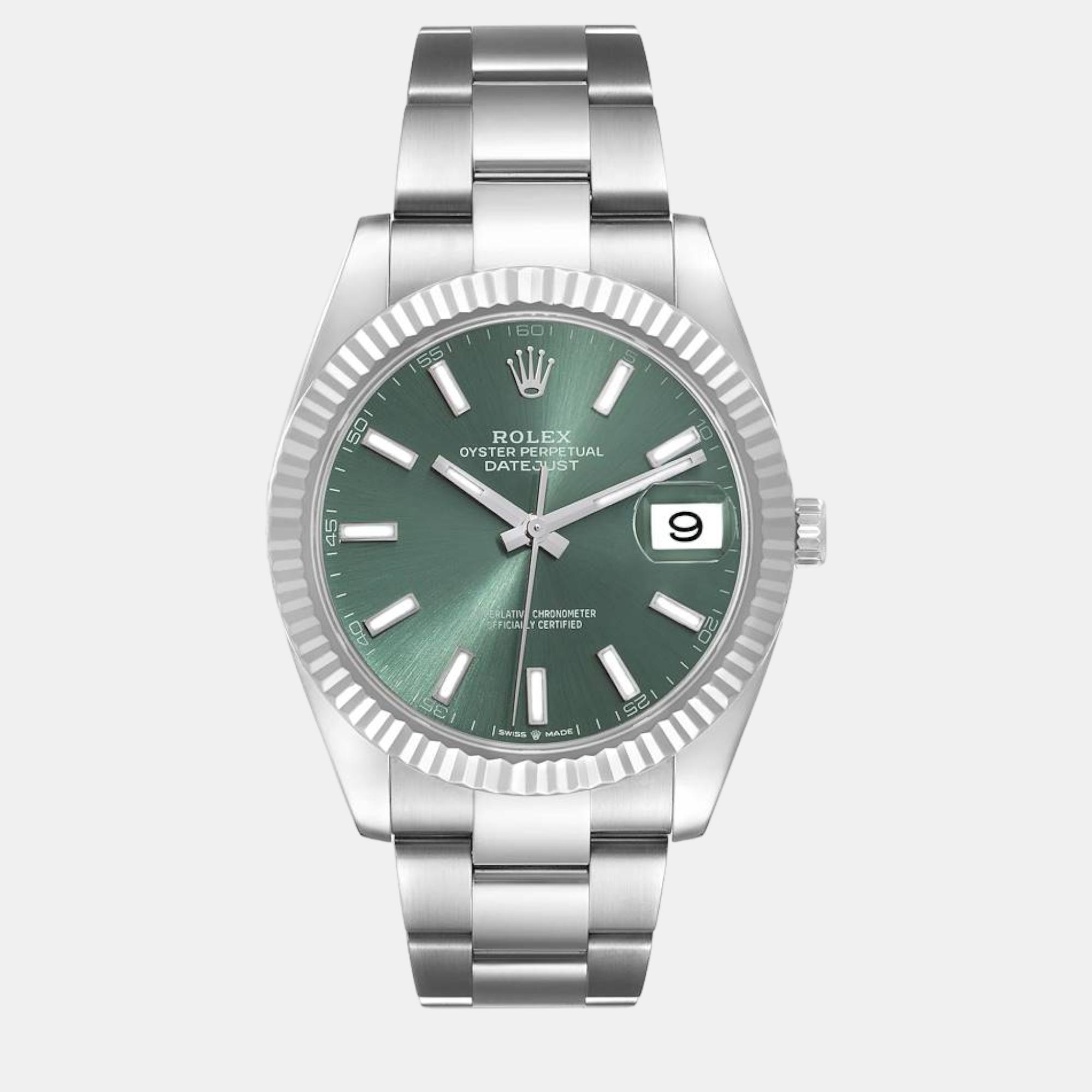 Pre-owned Rolex Datejust 41 Steel White Gold Mint Green Dial Mens Watch 126334