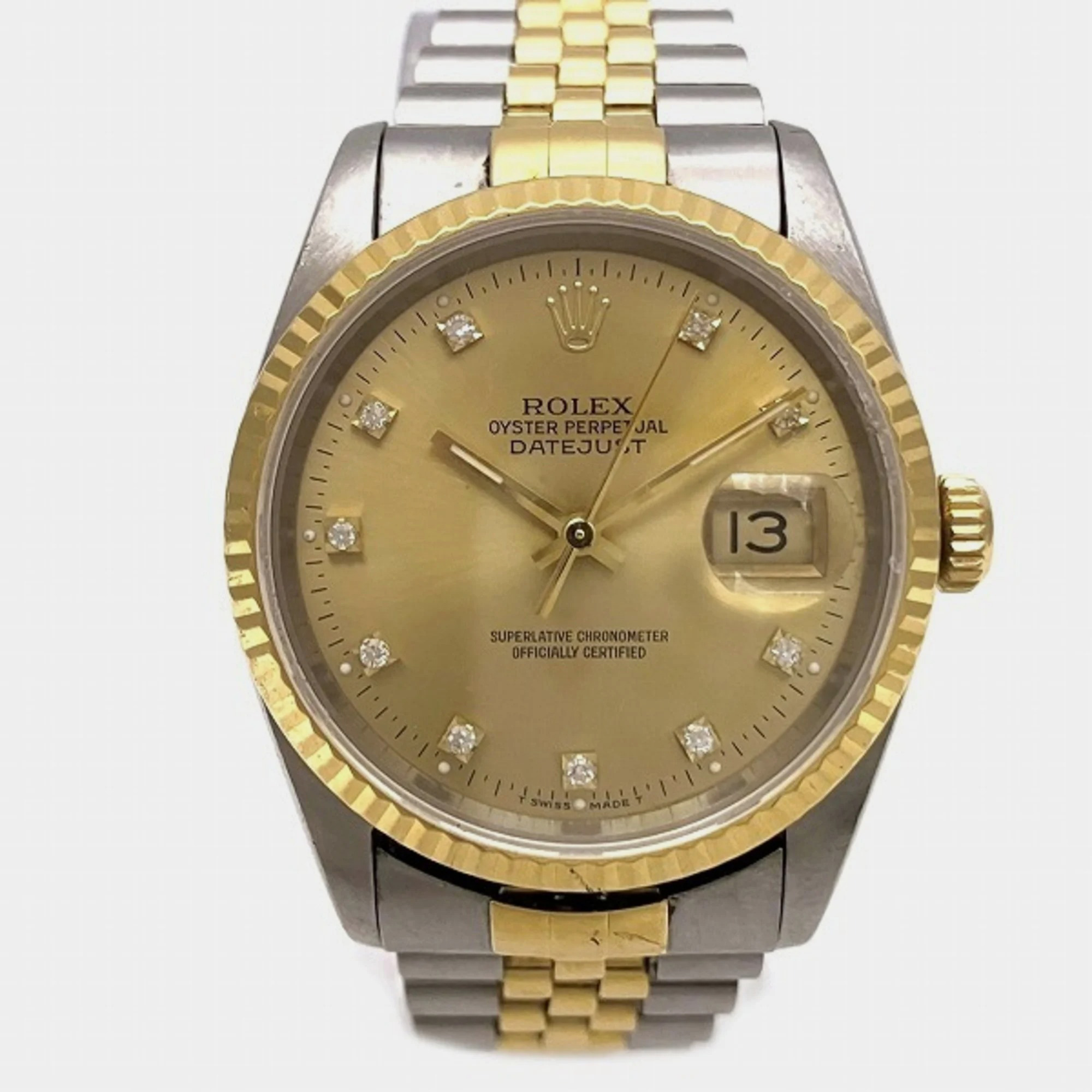 

Rolex Champagne Diamond 18k Yellow Gold Stainless Steel Datejust 16233 Automatic Men's Wristwatch 36 mm