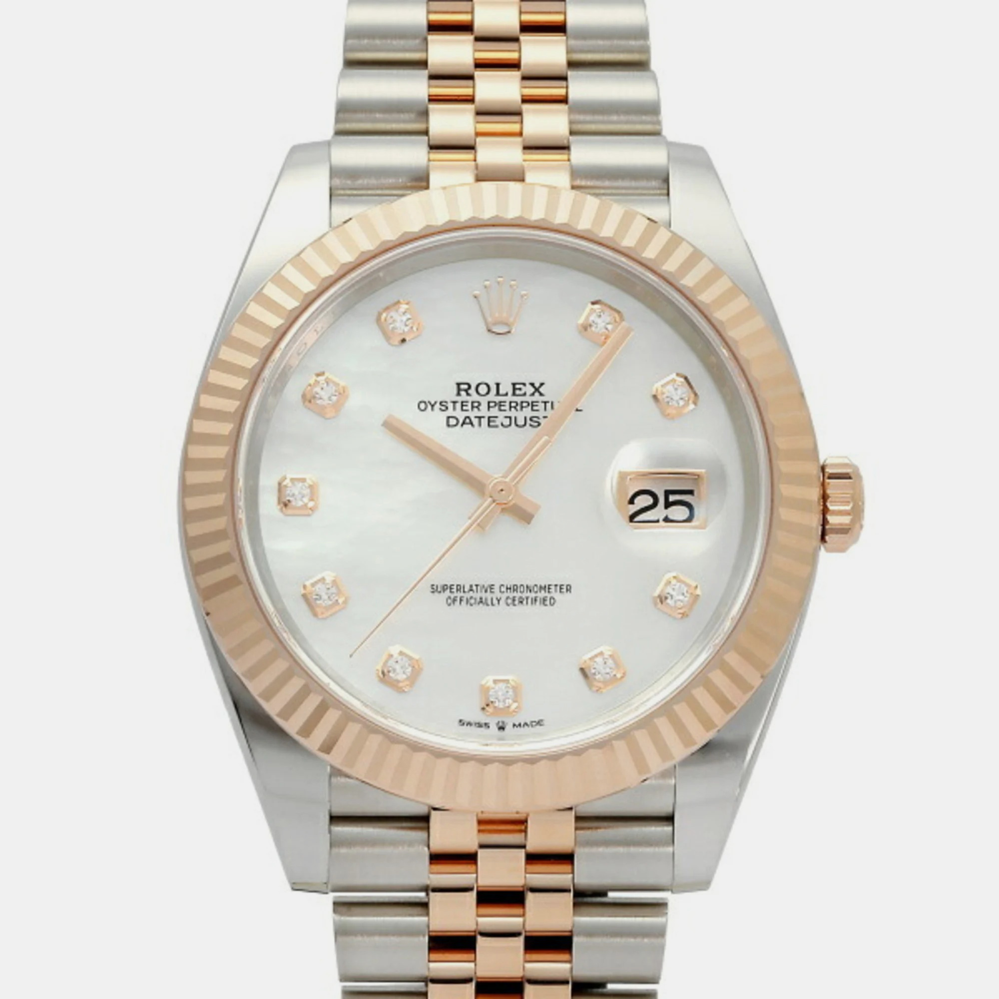 Pre-owned Rolex White 18k Rose Gold Stainless Steel Diamond Datejust 126331 Automatic Men's Wristwatch 41 Mm