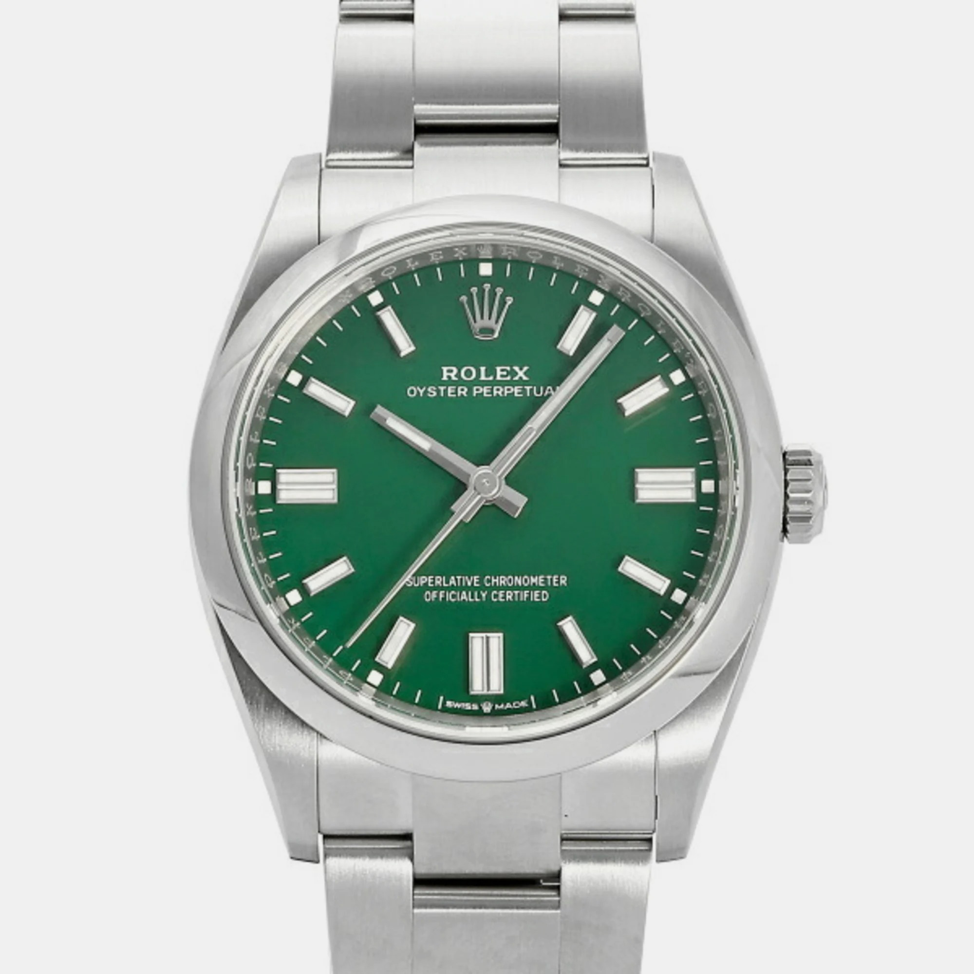Pre-owned Rolex Green Stainless Steel Oyster Perpetual 126000 Automatic Men's Wristwatch 36 Mm
