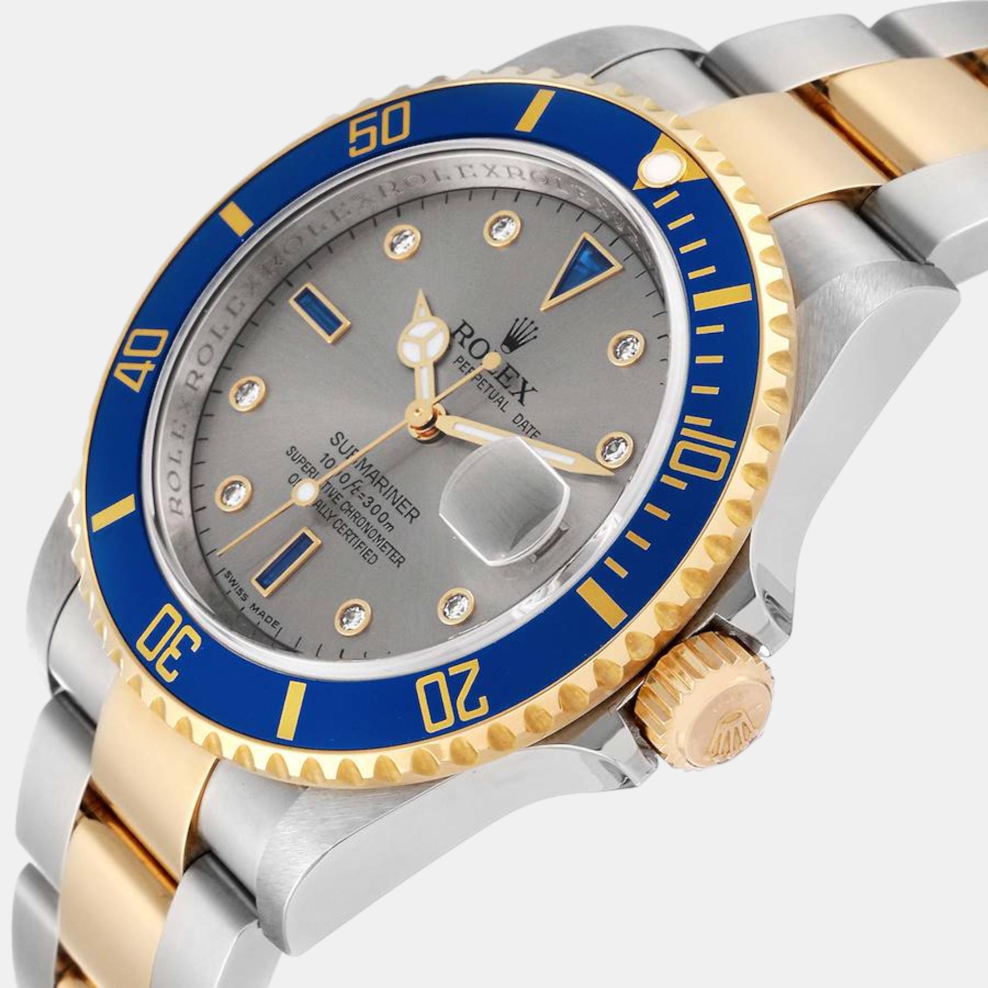 

Rolex Submariner Steel Yellow Gold Diamond Sapphire Serti Dial Men's Watch 16613 40 mm, Grey