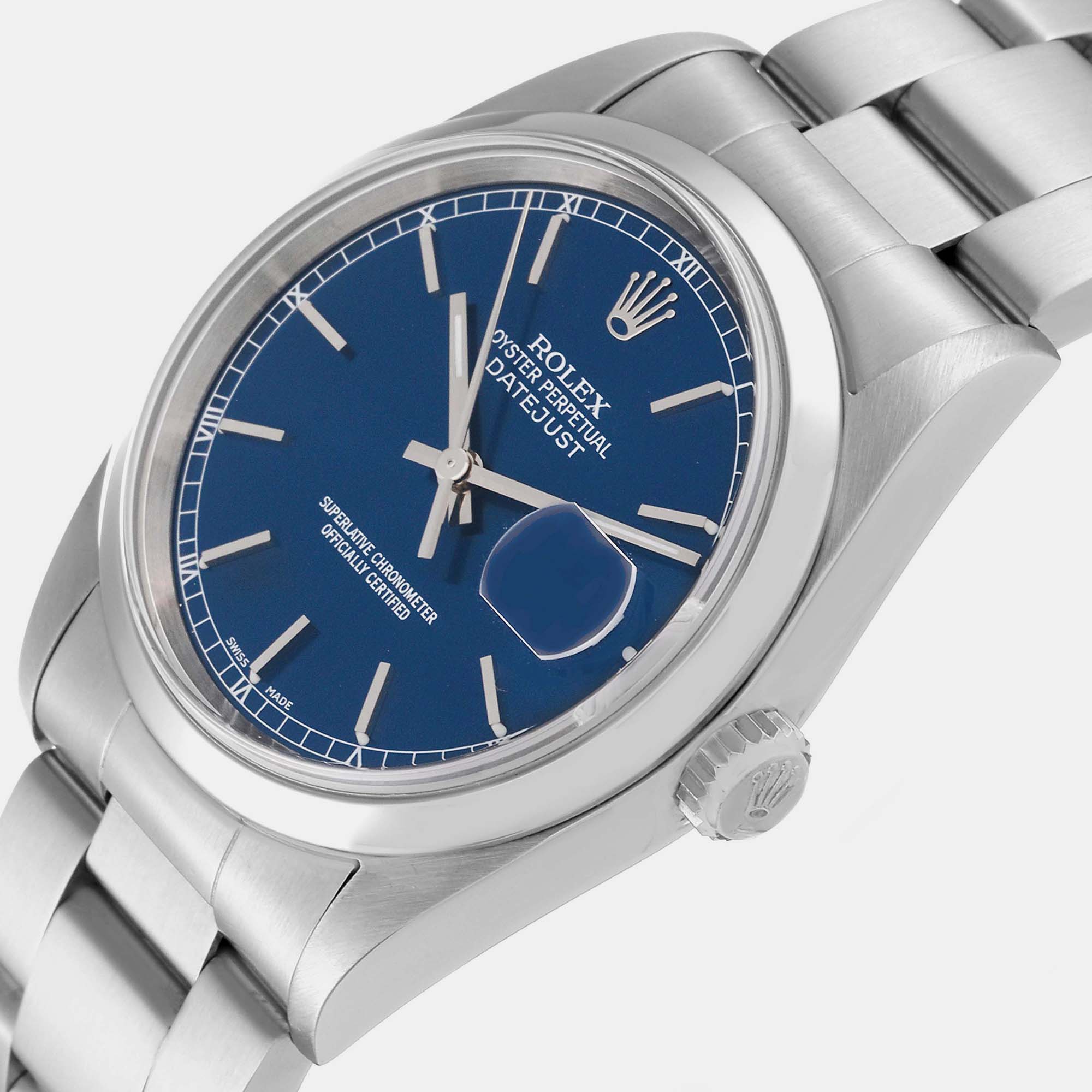 

Rolex Datejust Blue Dial Smooth Bezel Steel Mens Watch 16200 36 mm