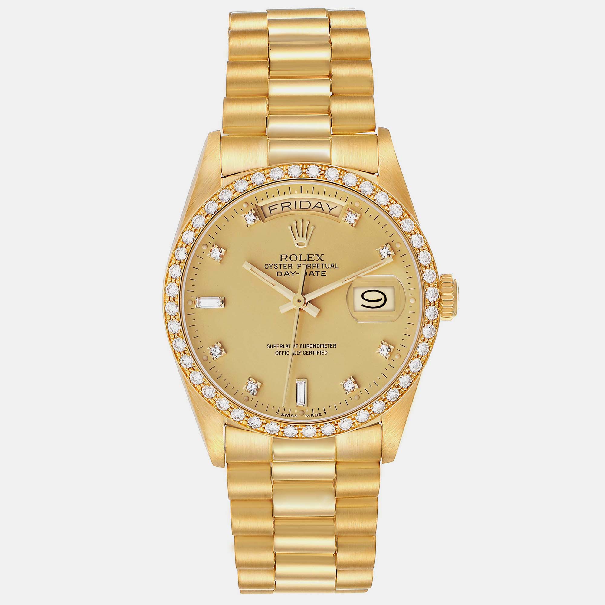 

Rolex President Day-Date Yellow Gold Diamond Bezel Men's Watch 18048 36 mm