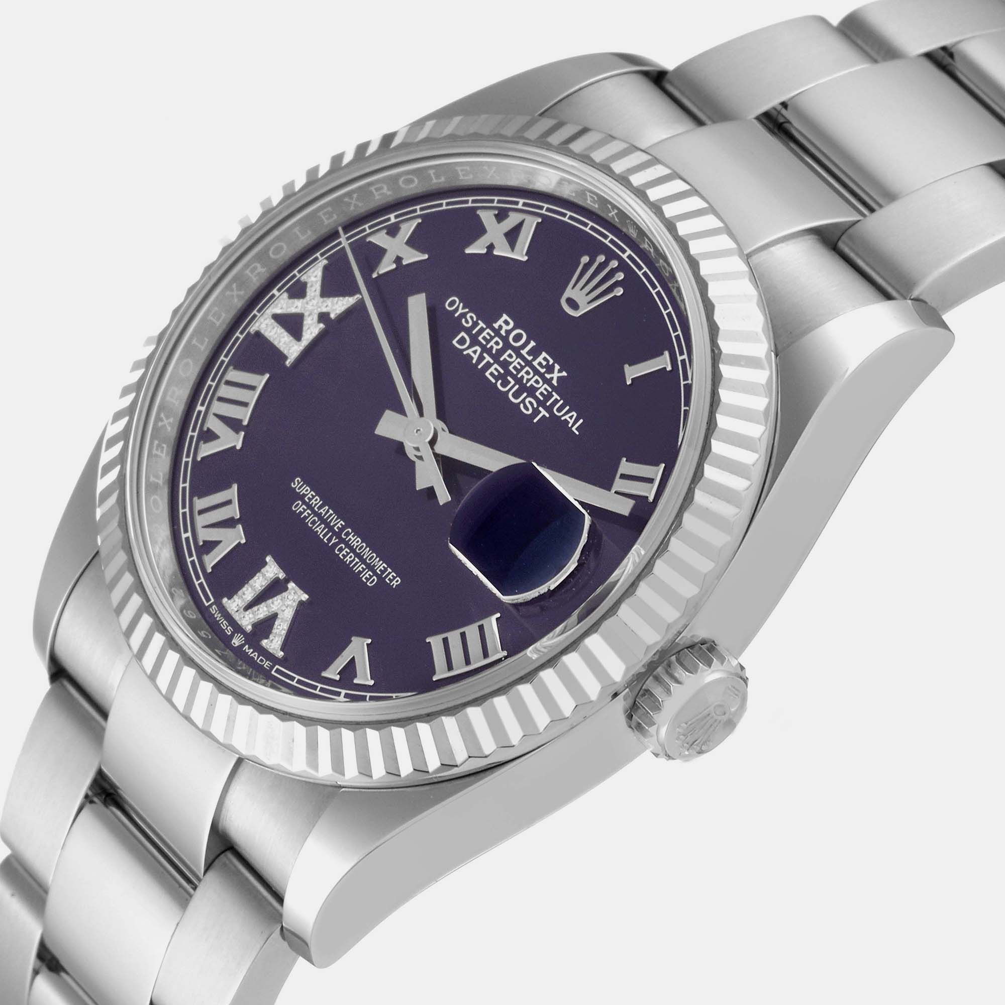 

Rolex Datejust Steel White Gold Aubergine Diamond Dial Men's Watch 126234 36 mm, Purple