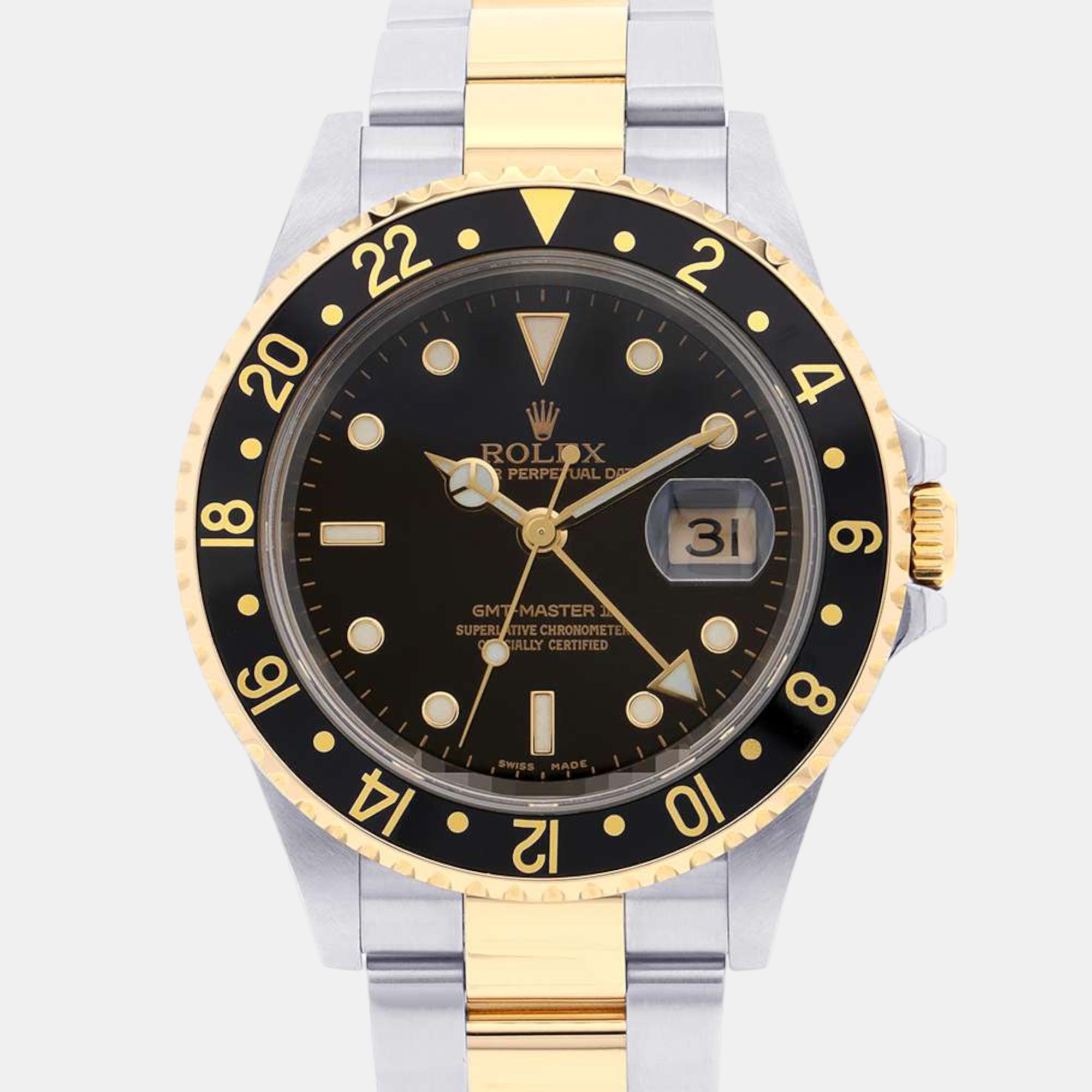 Pre-owned Rolex Black 18k Yellow Gold Stainless Steel Gmt-master Ii 16713 Automatic Men's Wristwatch 40 Mm