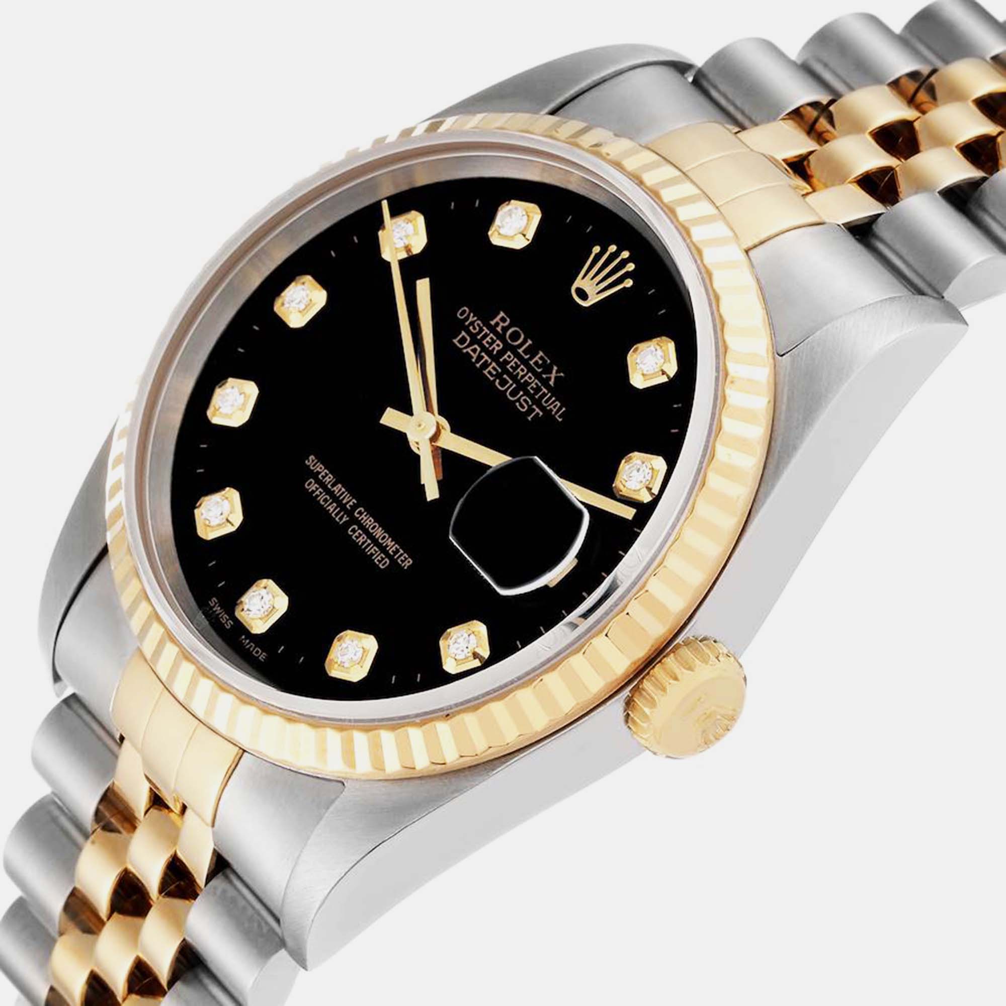 

Rolex Datejust Steel Yellow Gold Black Diamond Dial Men's Watch 16233 36 mm