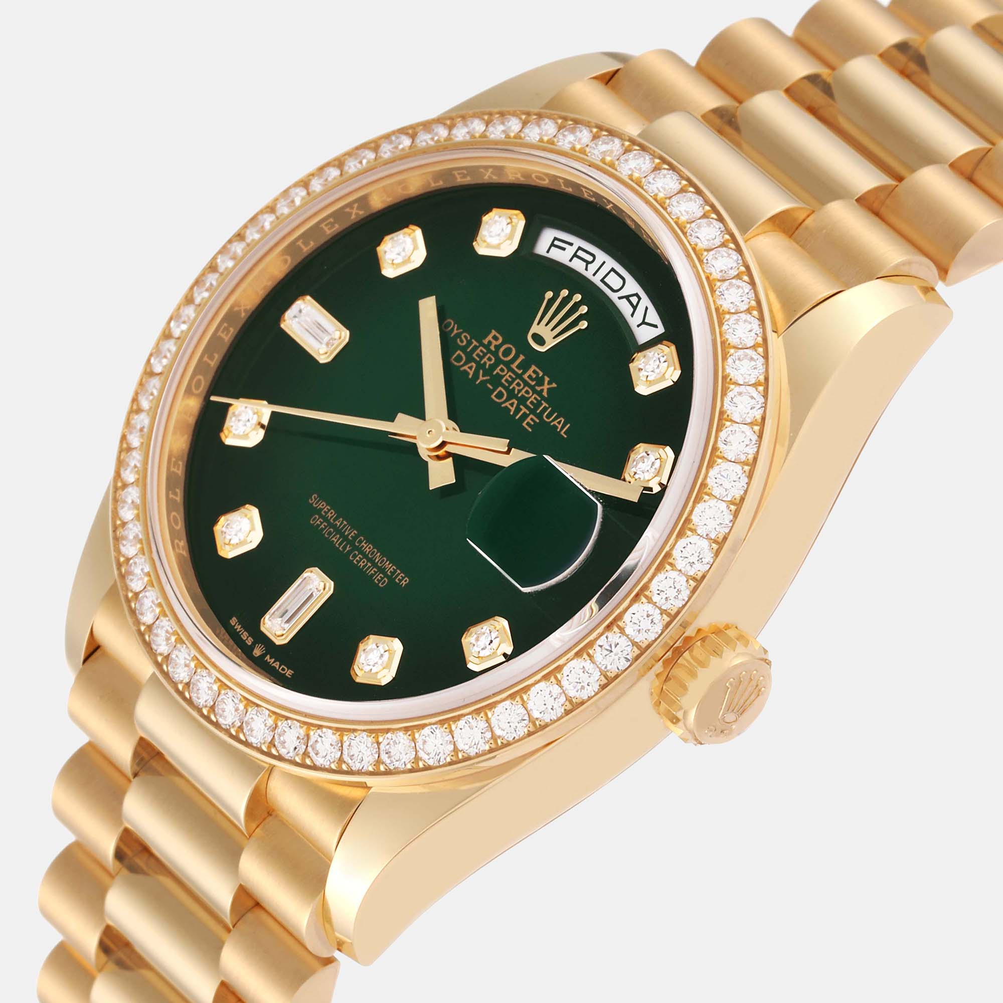 

Rolex President Day Date Yellow Gold Diamond Mens Watch 128348 36 mm, Green