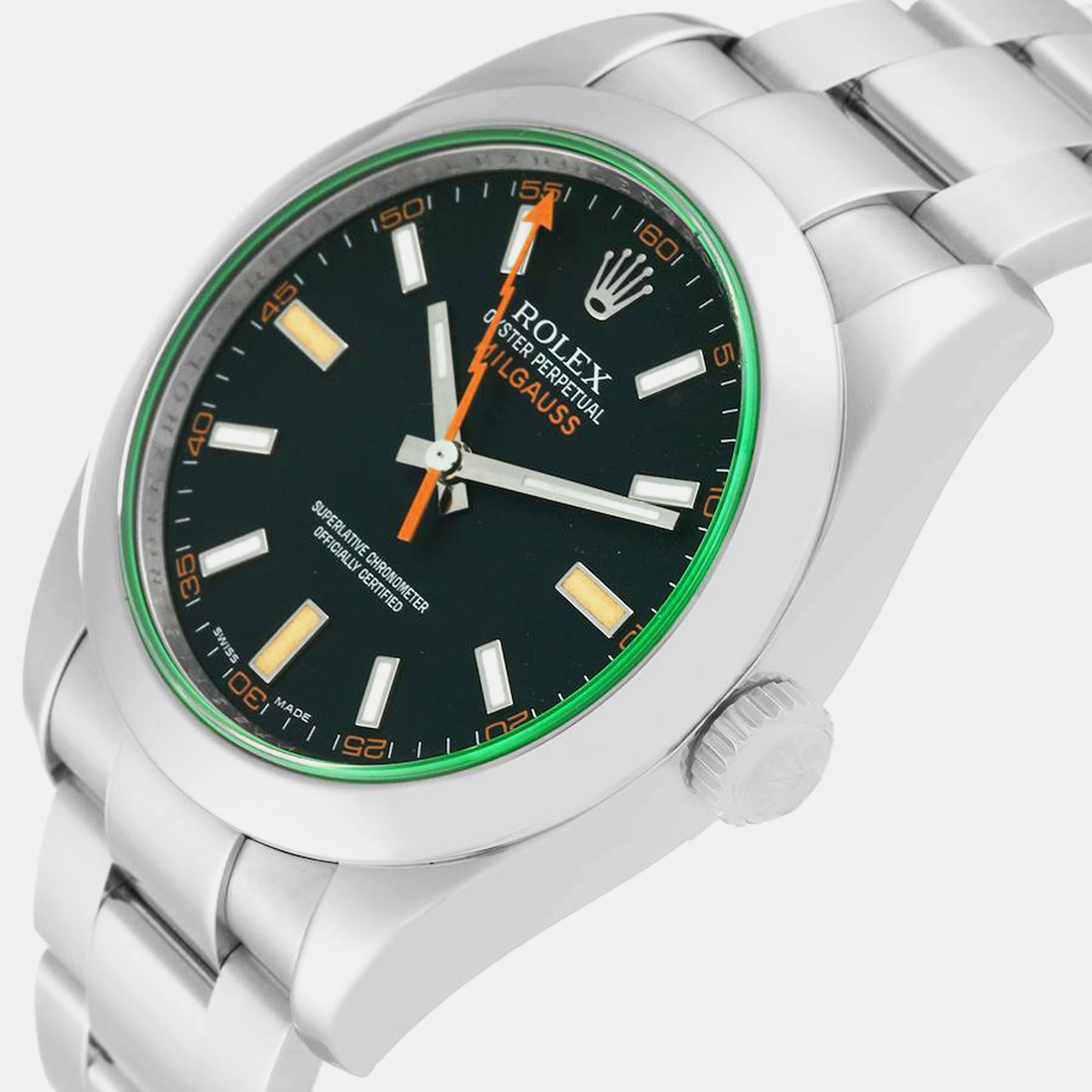 

Rolex Milgauss Black Dial Green Crystal Steel Mens Watch 116400 40 mm