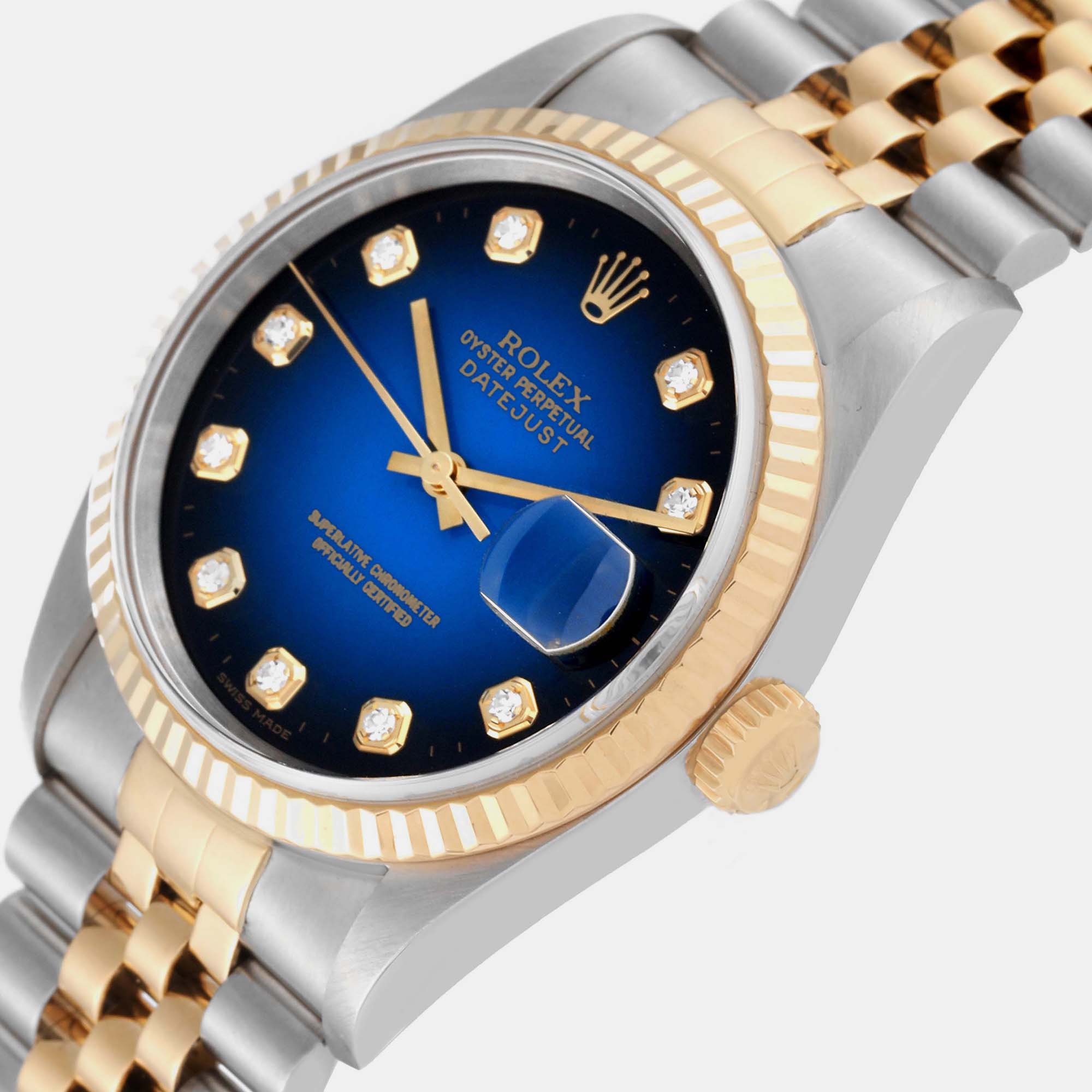 

Rolex Datejust Blue Vignette Diamond Dial Steel Yellow Gold Mens Watch 16233