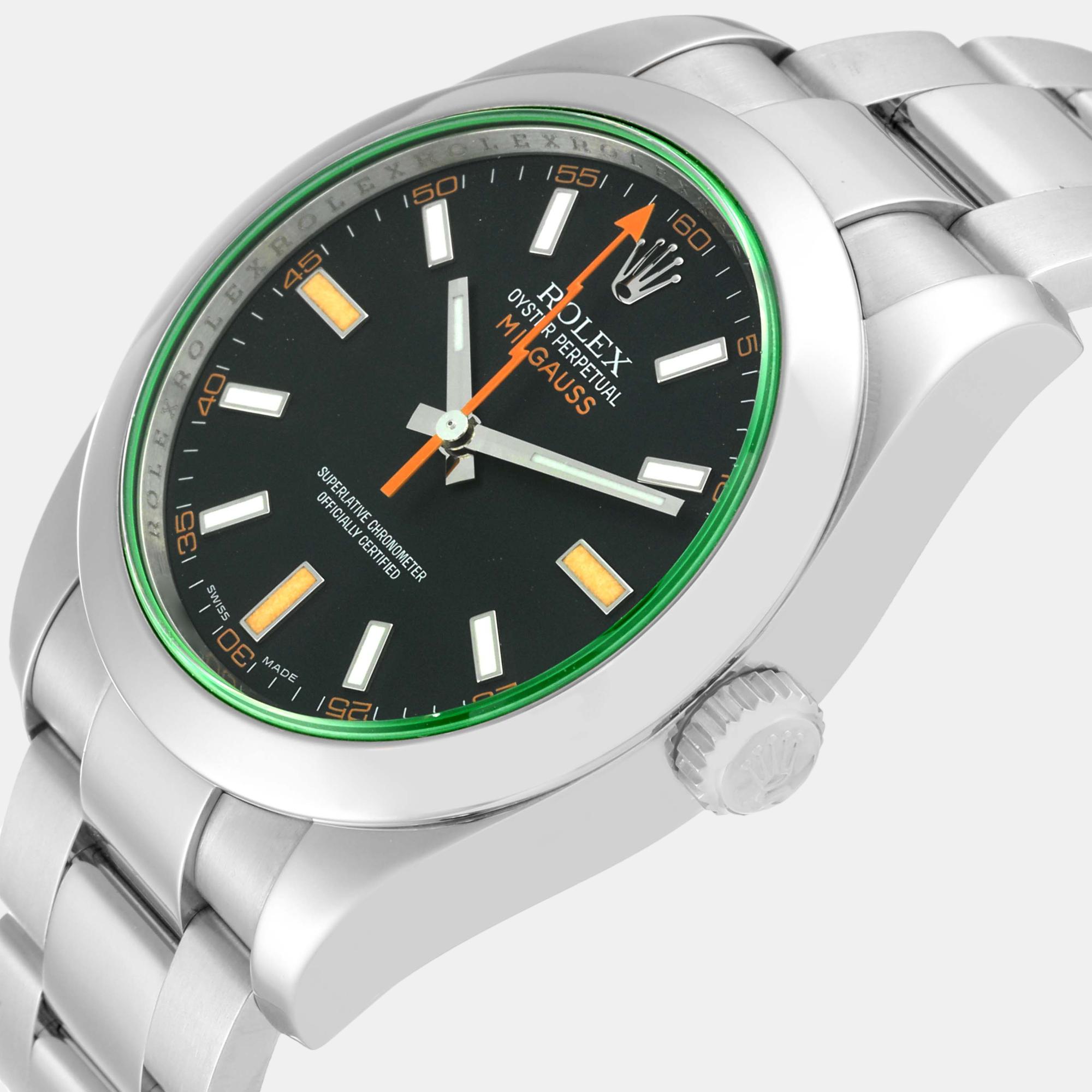 

Rolex Milgauss Black Dial Green Crystal Steel Mens Watch 116400