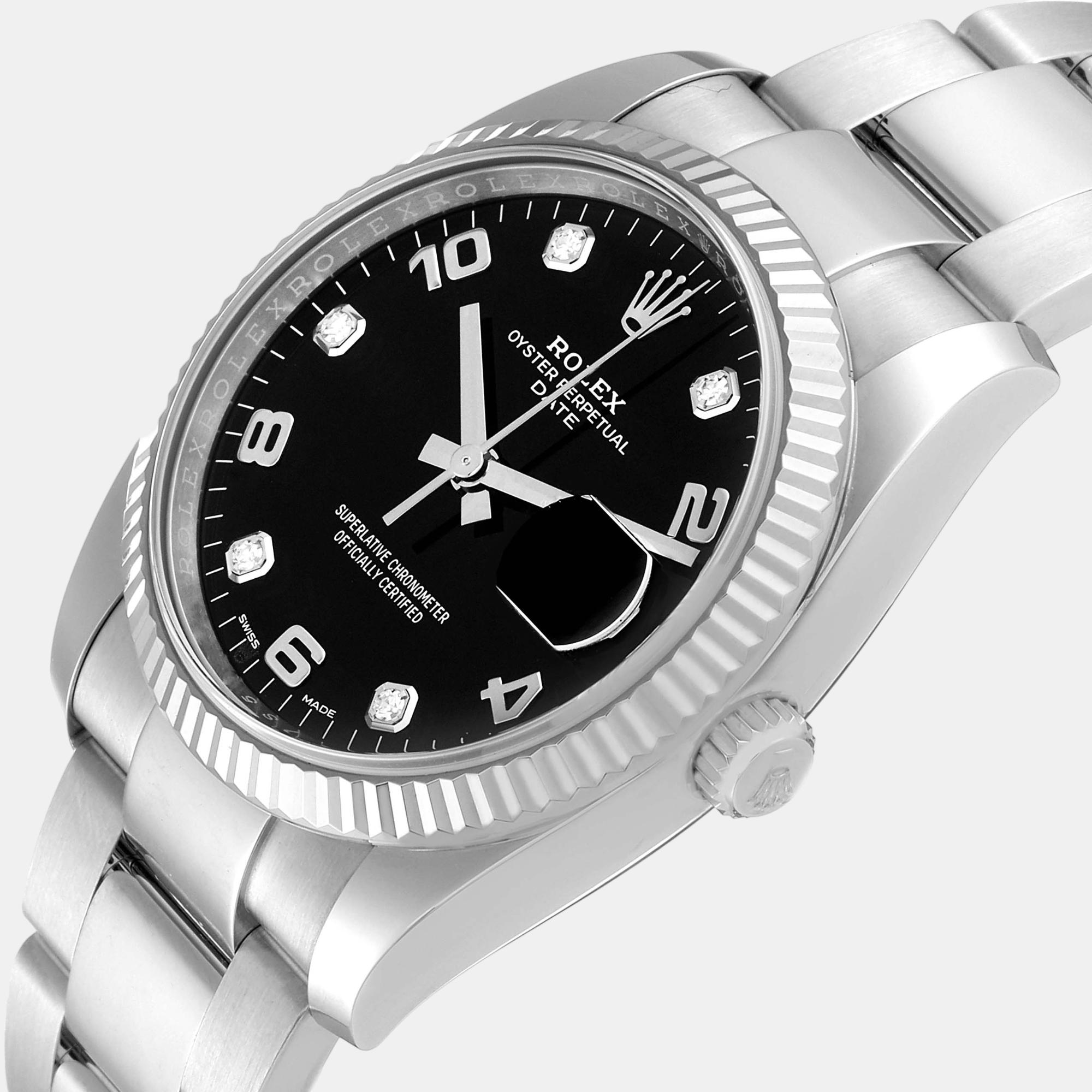 

Rolex Date 34 Steel White Gold Black Diamond Dial Mens Watch 115234