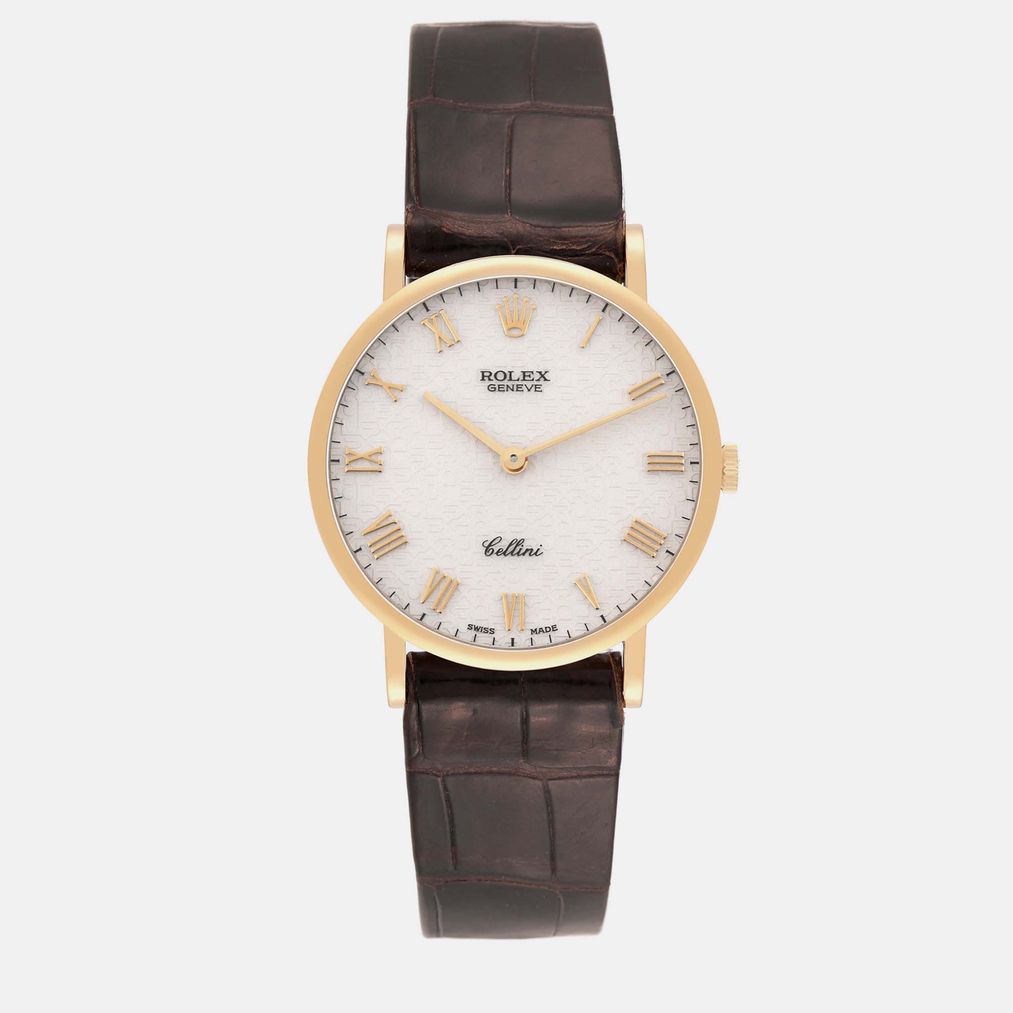 

Rolex Cellini Classic Yellow Gold Anniversary Dial Brown Strap Watch 5112, Cream