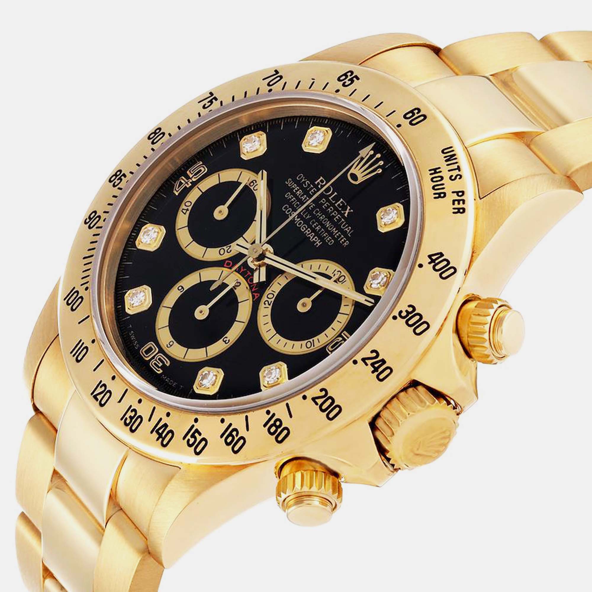 

Rolex Daytona Yellow Gold Inverted 6 Diamond Dial Mens Watch 16528 40 mm, Black