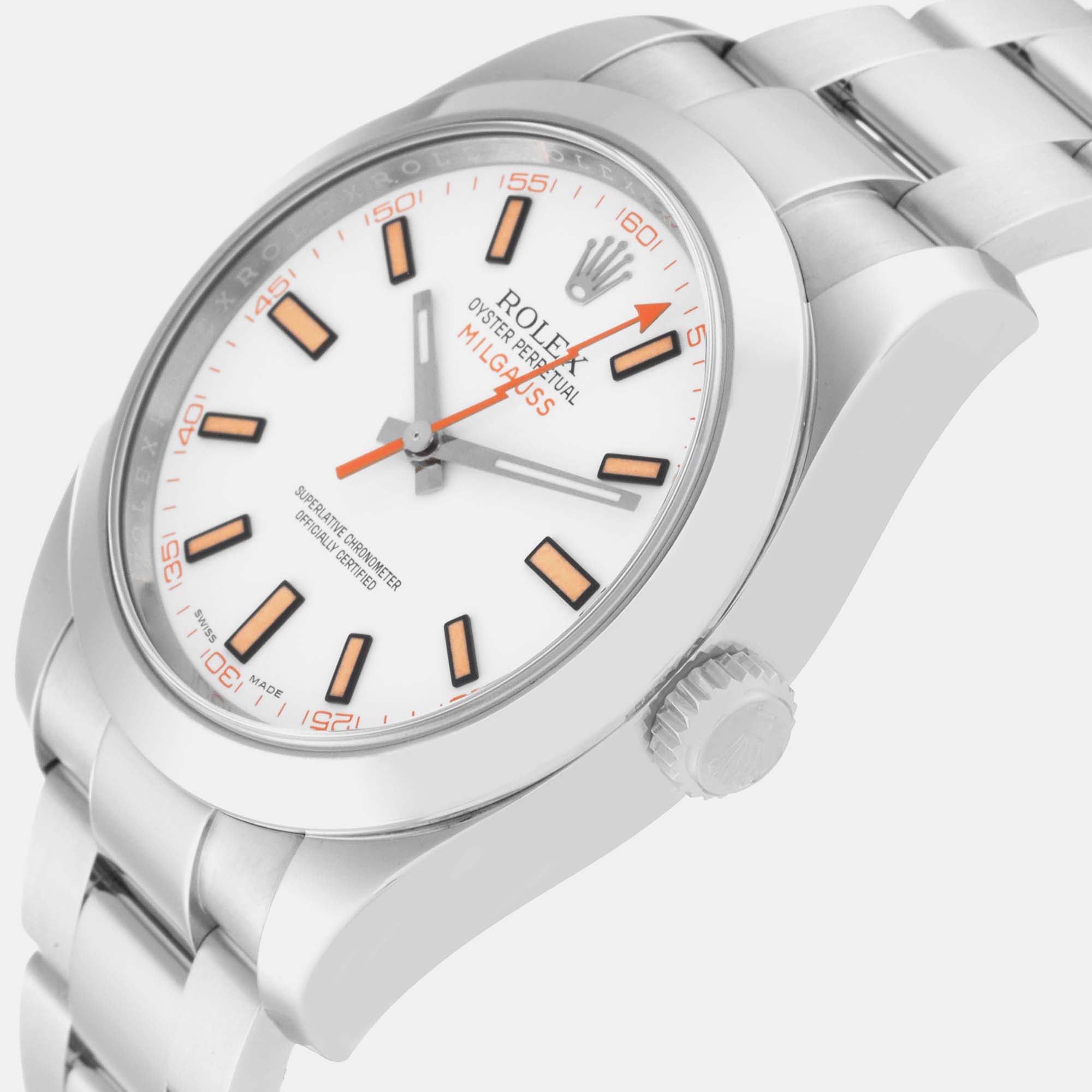 

Rolex Milgauss White Dial Orange Markers Steel Mens Watch 116400 40 mm