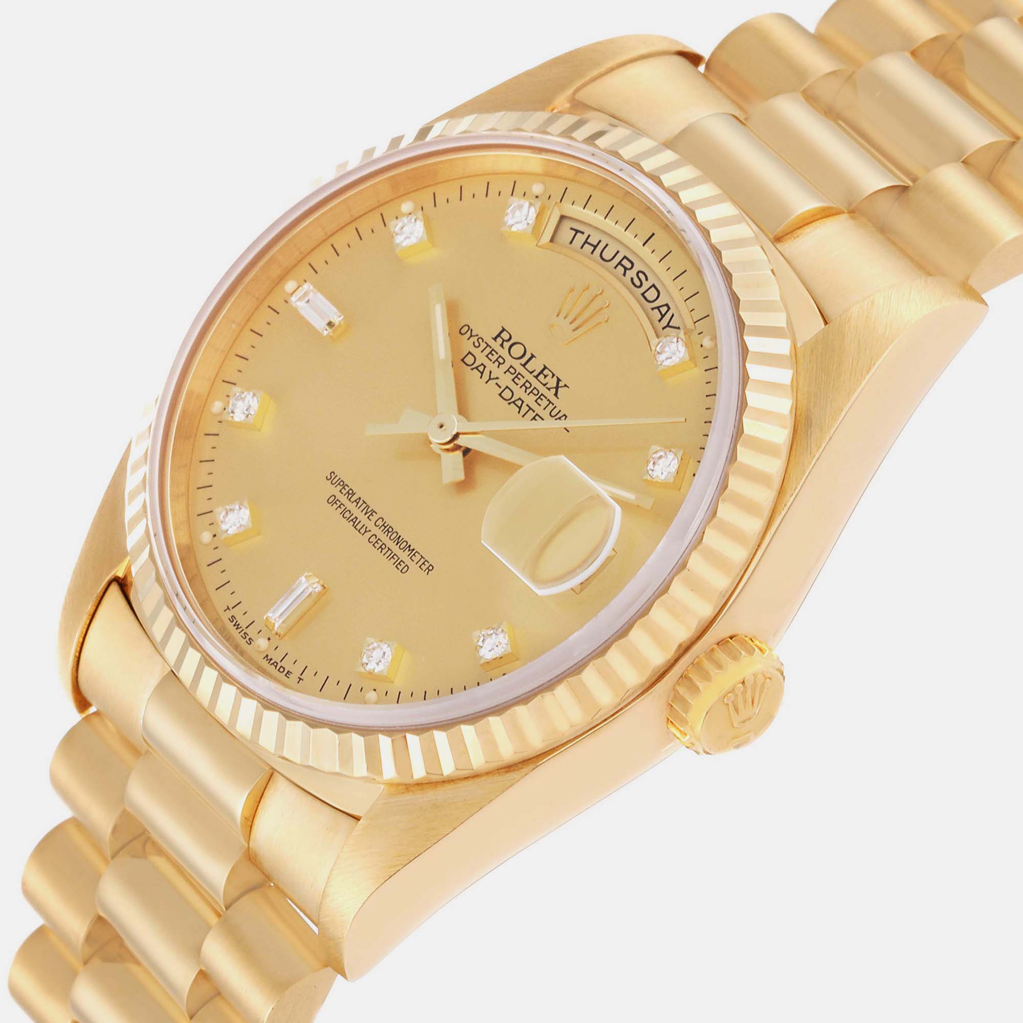 

Rolex President Day-Date Yellow Gold Champagne Diamond Dial Mens Watch 18238