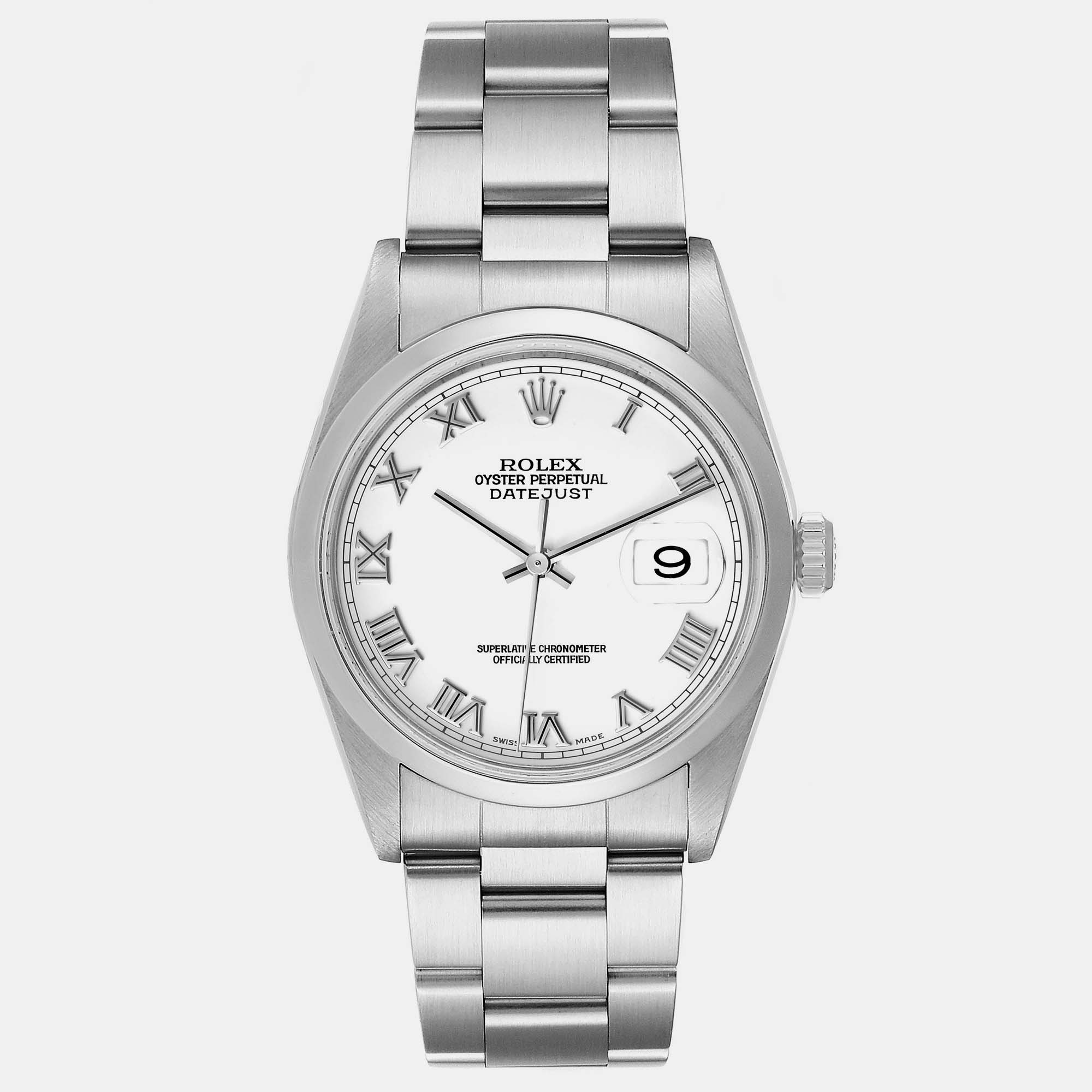 Pre-owned Rolex Datejust White Roman Dial Oyster Bracelet Steel Men's Watch 16200 36 Mm