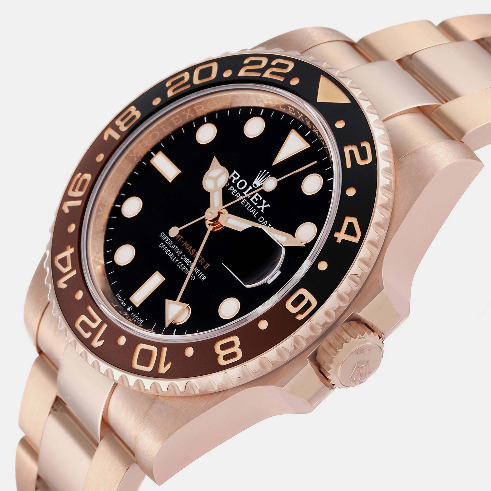 

Rolex GMT Master II Black Brown Root Beer Rose Gold Mens Watch 126715 40 mm