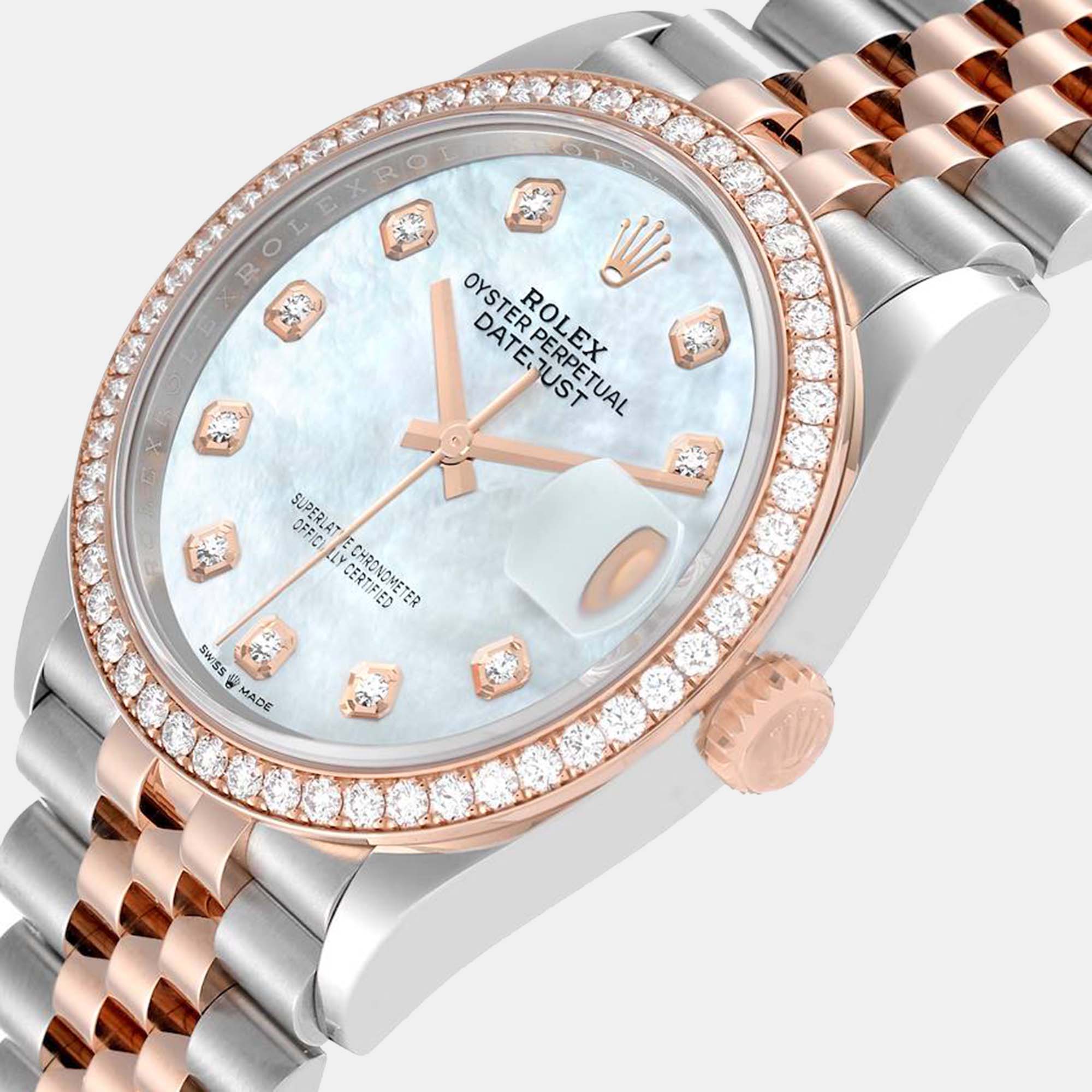 

Rolex Datejust 36 Steel Rose Gold Mother of Pearl Diamond Mens Watch 126281, Blue