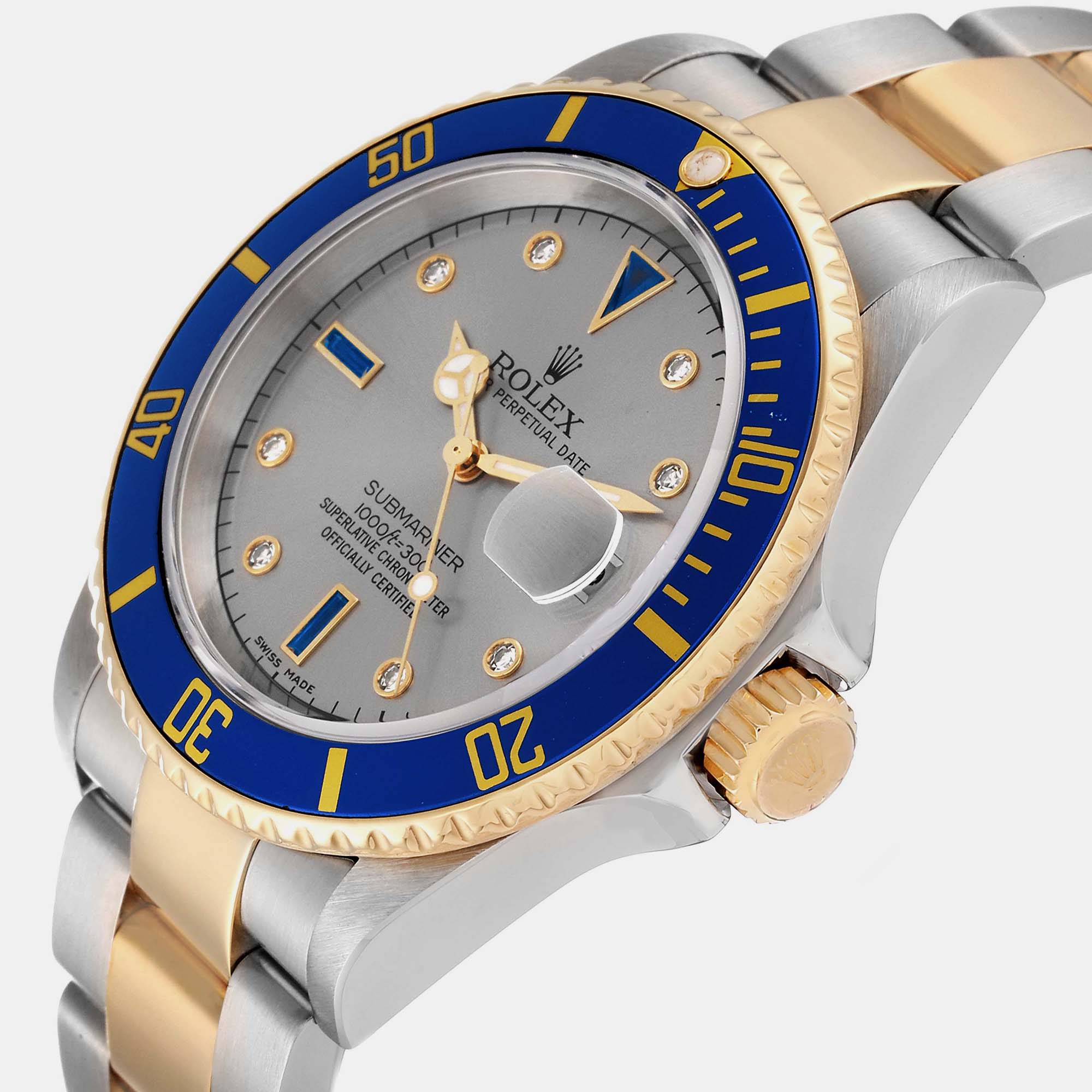 

Rolex Submariner Steel Gold Diamond Sapphire Serti Dial Men's Watch 16613 40 mm, Grey