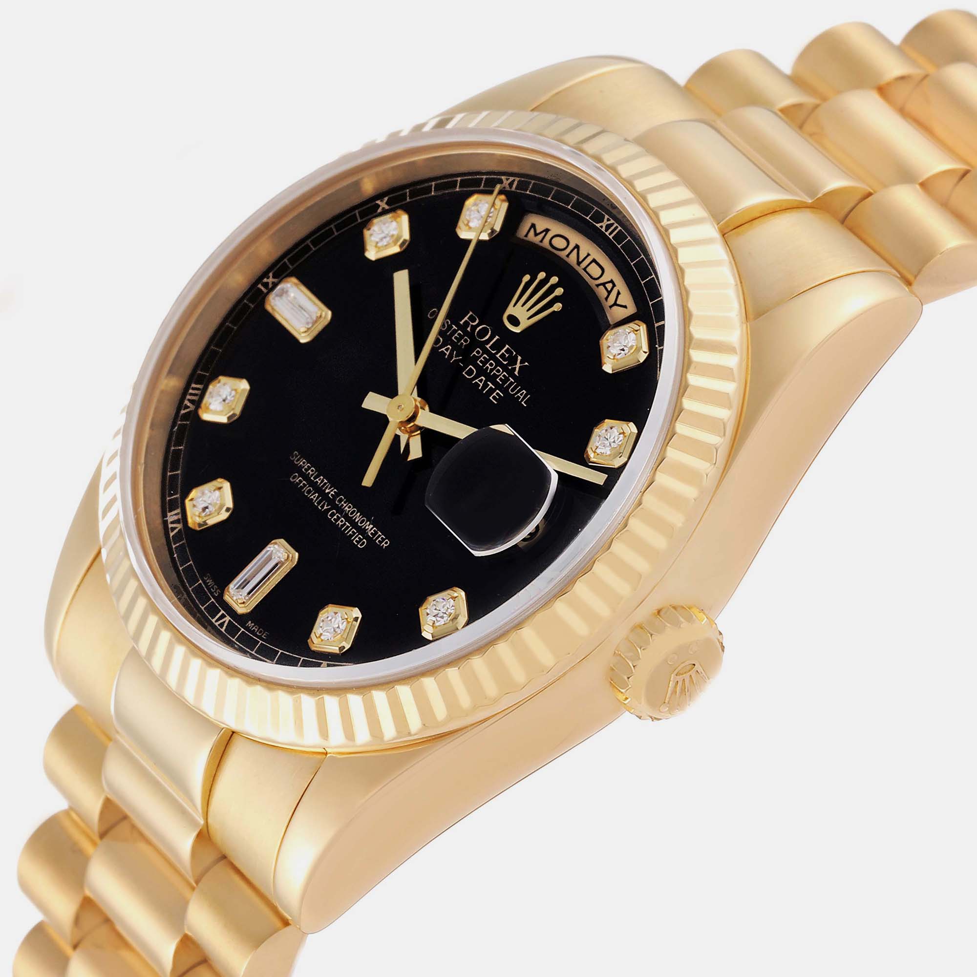 

Rolex President Day Date Yellow Gold Black Diamond Dial Men's Watch 118238 36 mm