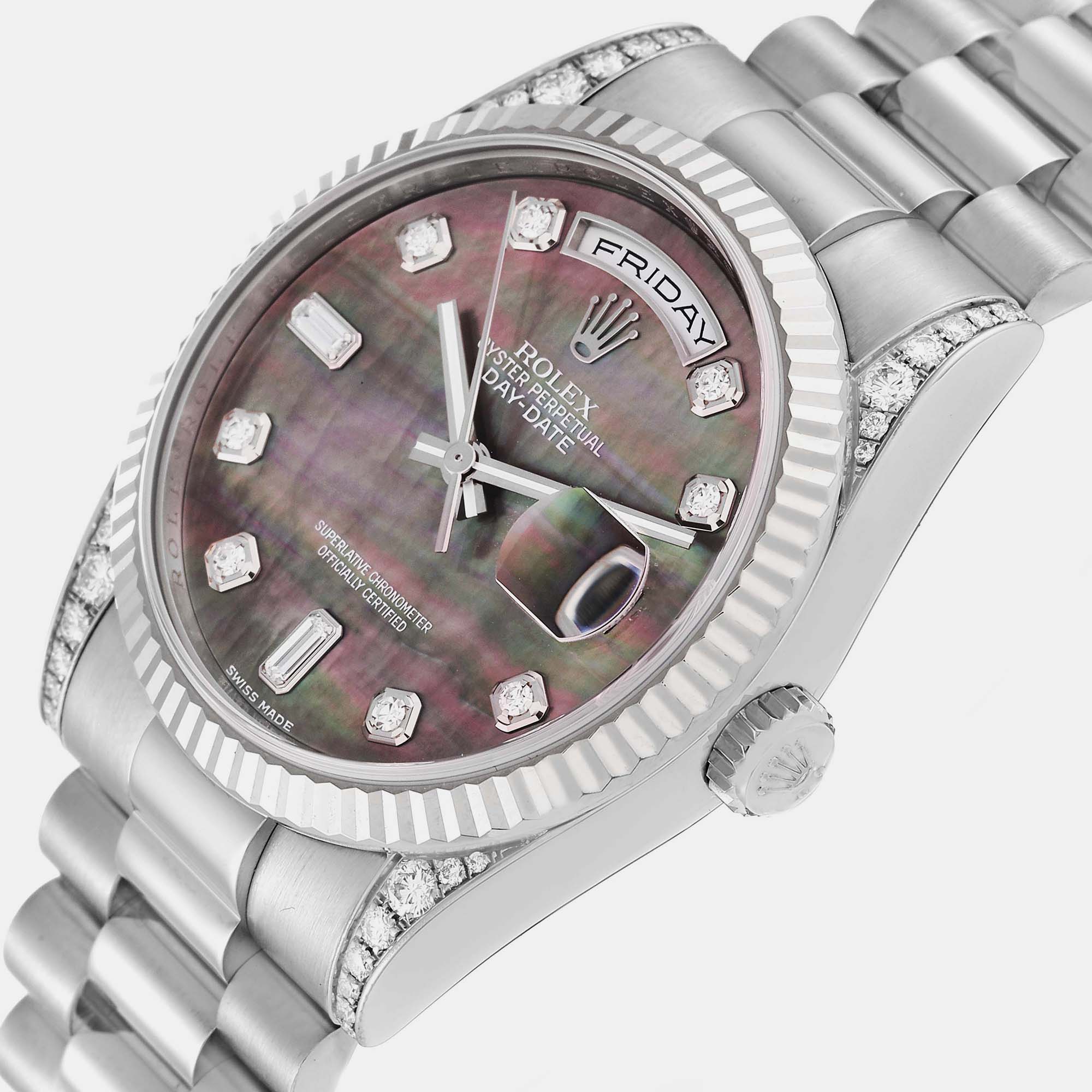 

Rolex President Day-Date Mother of Pearl White Gold Diamond Men's Watch 118339 36 mm, Black