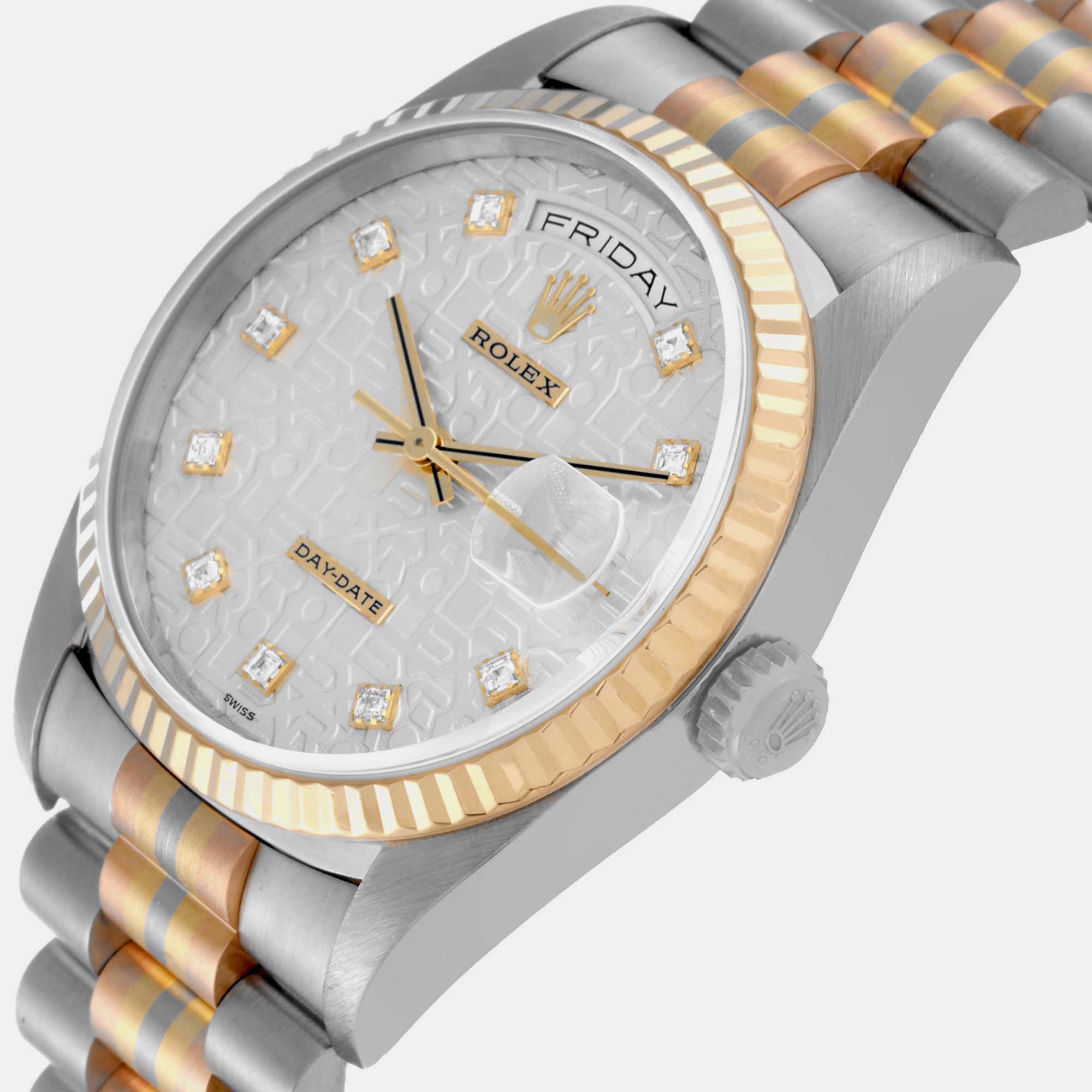 

Rolex President Day-Date Tridor White Yellow Rose Gold Diamond Men's Watch 18239 36 mm, Silver
