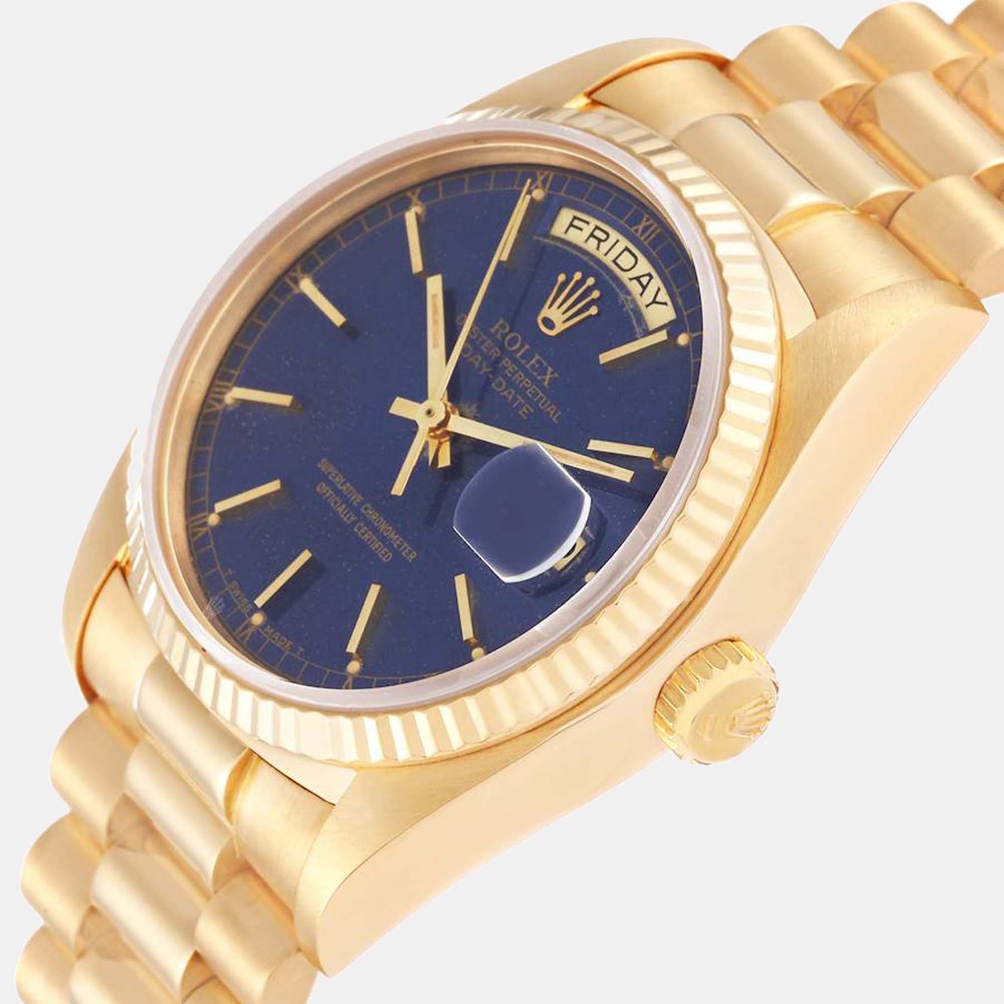 

Rolex President Day-Date Yellow Gold Blue Dial Men's Watch 18038 36 mm