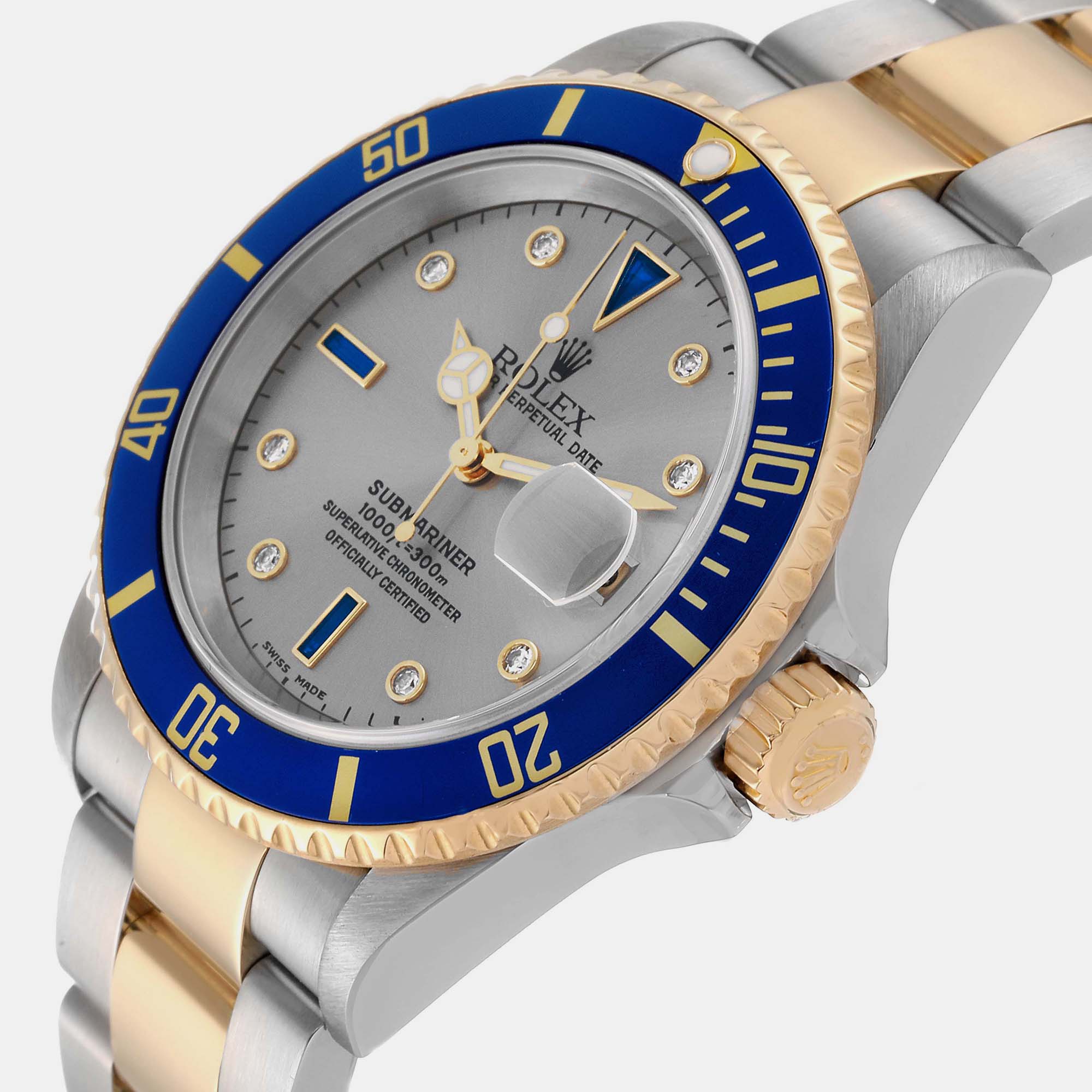 

Rolex Submariner Steel Yellow Gold Diamond Sapphire Serti Dial Mens Watch 16613, Silver