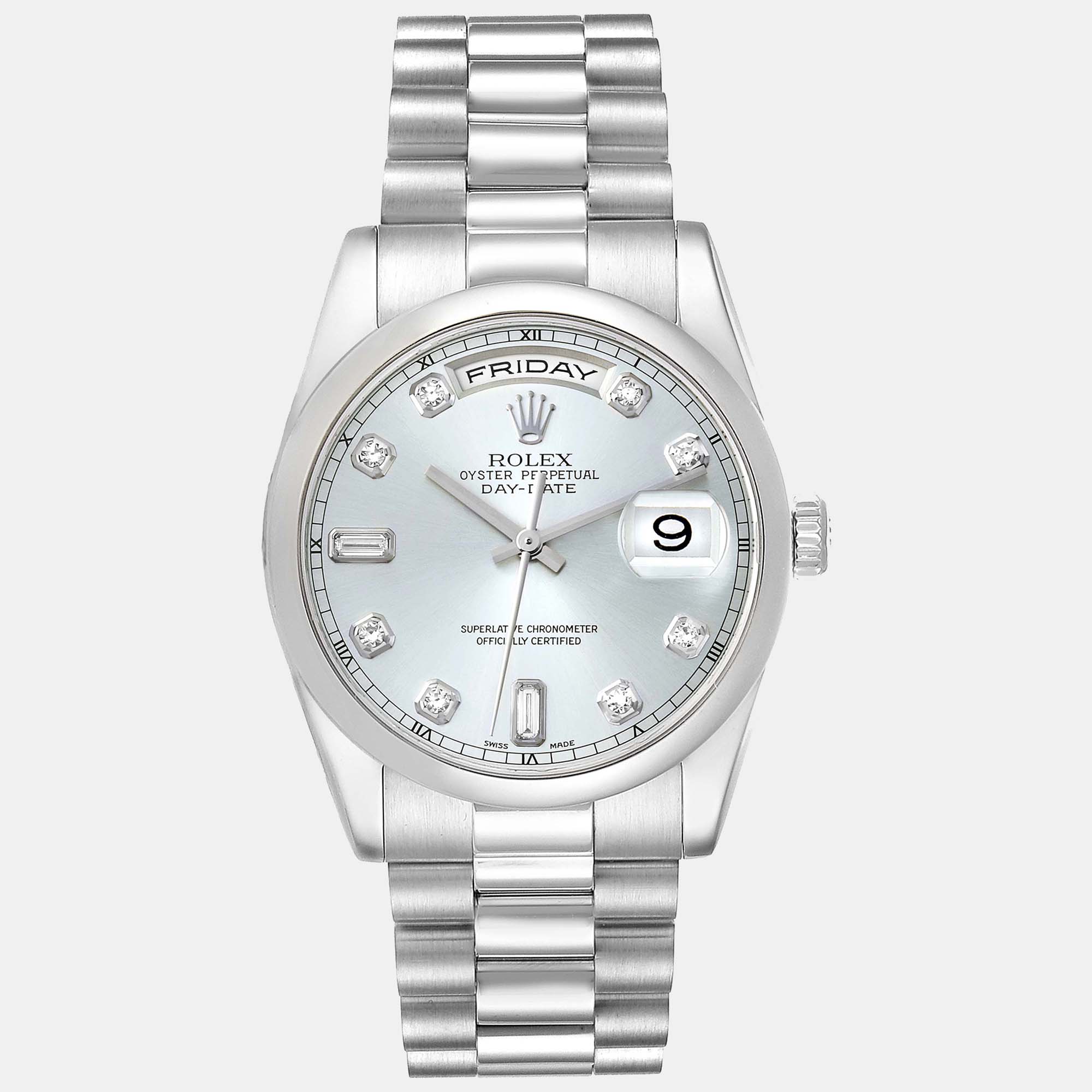 

Rolex Day-Date President Diamond Dial Platinum Men's Watch 118206 36 mm, Silver