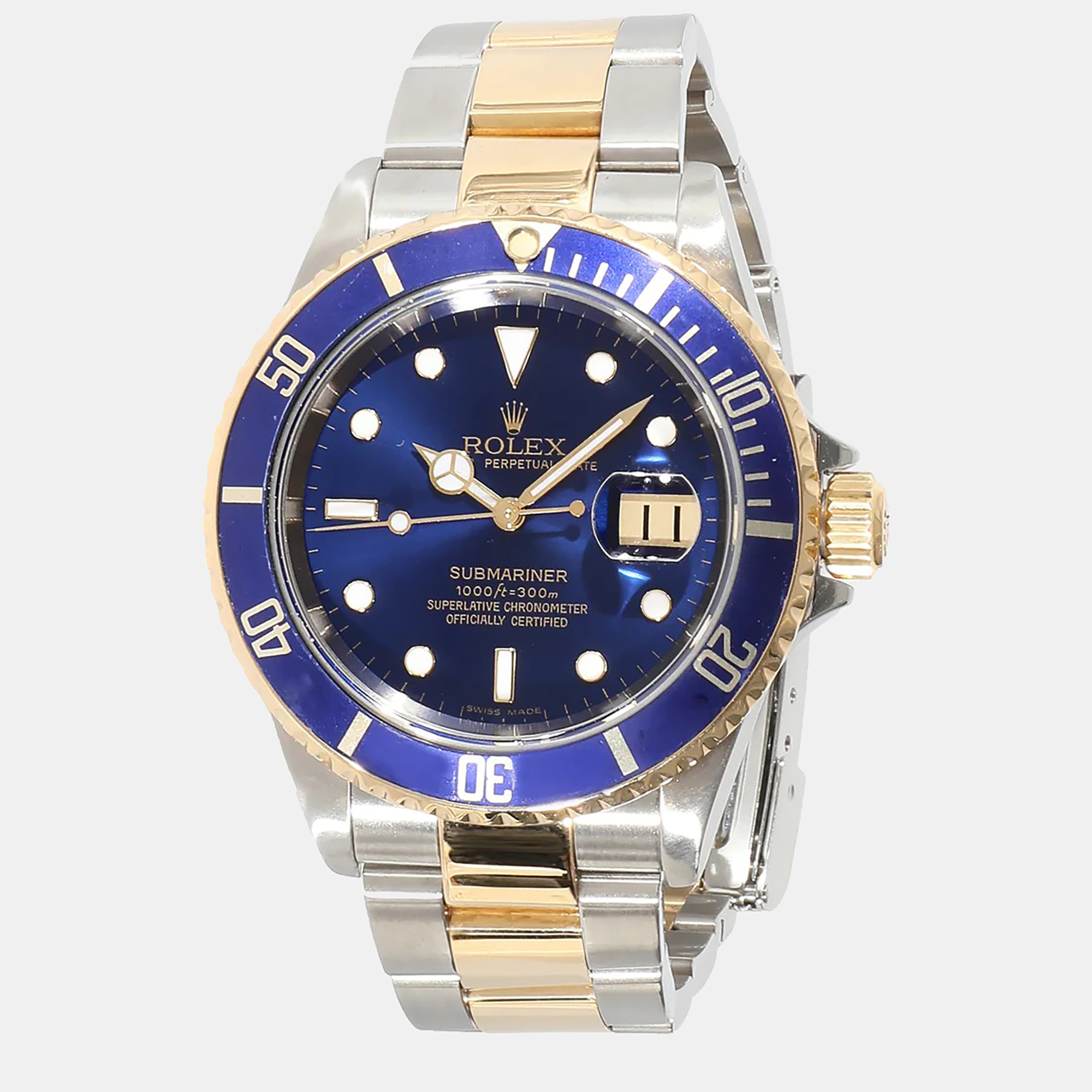 Pre-owned Rolex Blue 18k Yellow Gold Stainless Steel 16613 Submariner Automatic Men's Wristwatch 40 Mm