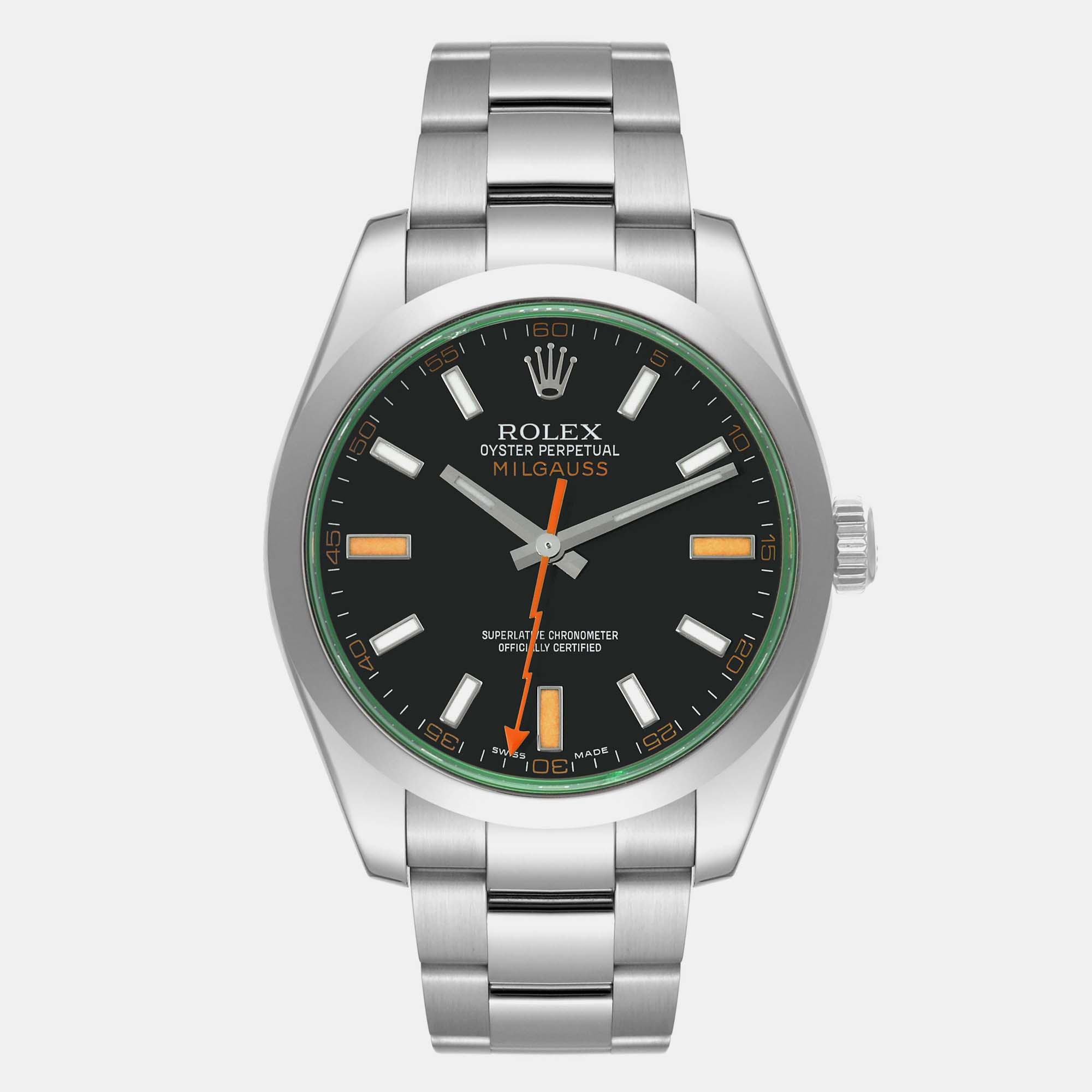 Pre-owned Rolex Milgauss Black Dial Green Crystal Steel Men's Watch 116400 40 Mm