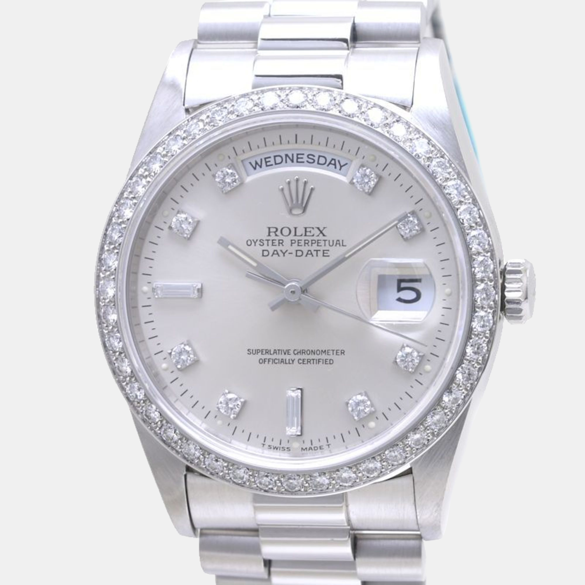 Pre-owned Rolex Silver Diamond Platinum Day-date 18346a Automatic Men's Wristwatch 36 Mm