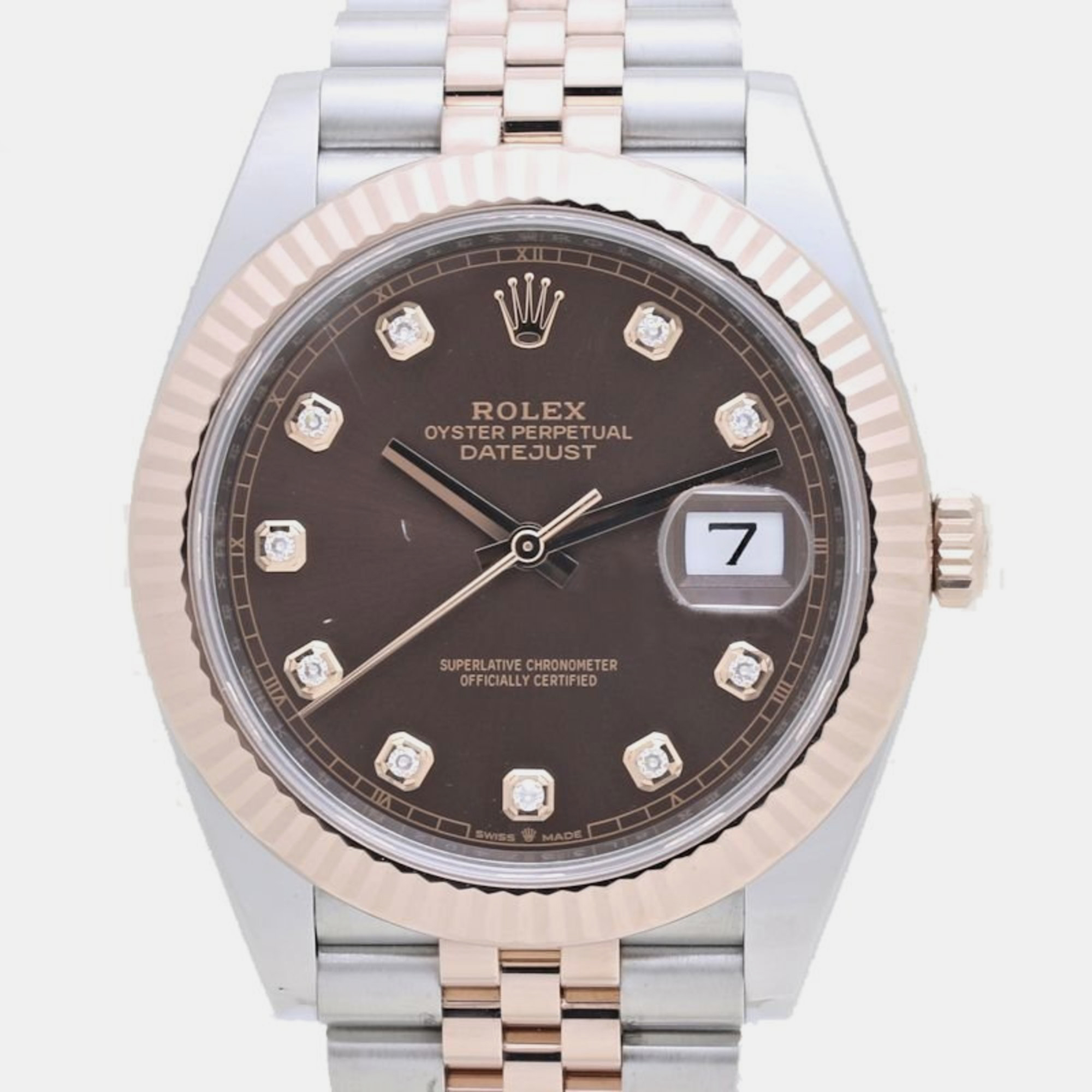 Pre-owned Rolex Brown 18k Rose Gold Stainless Steel Diamond Datejust 126331 Automatic Men's Wristwatch 41 Mm