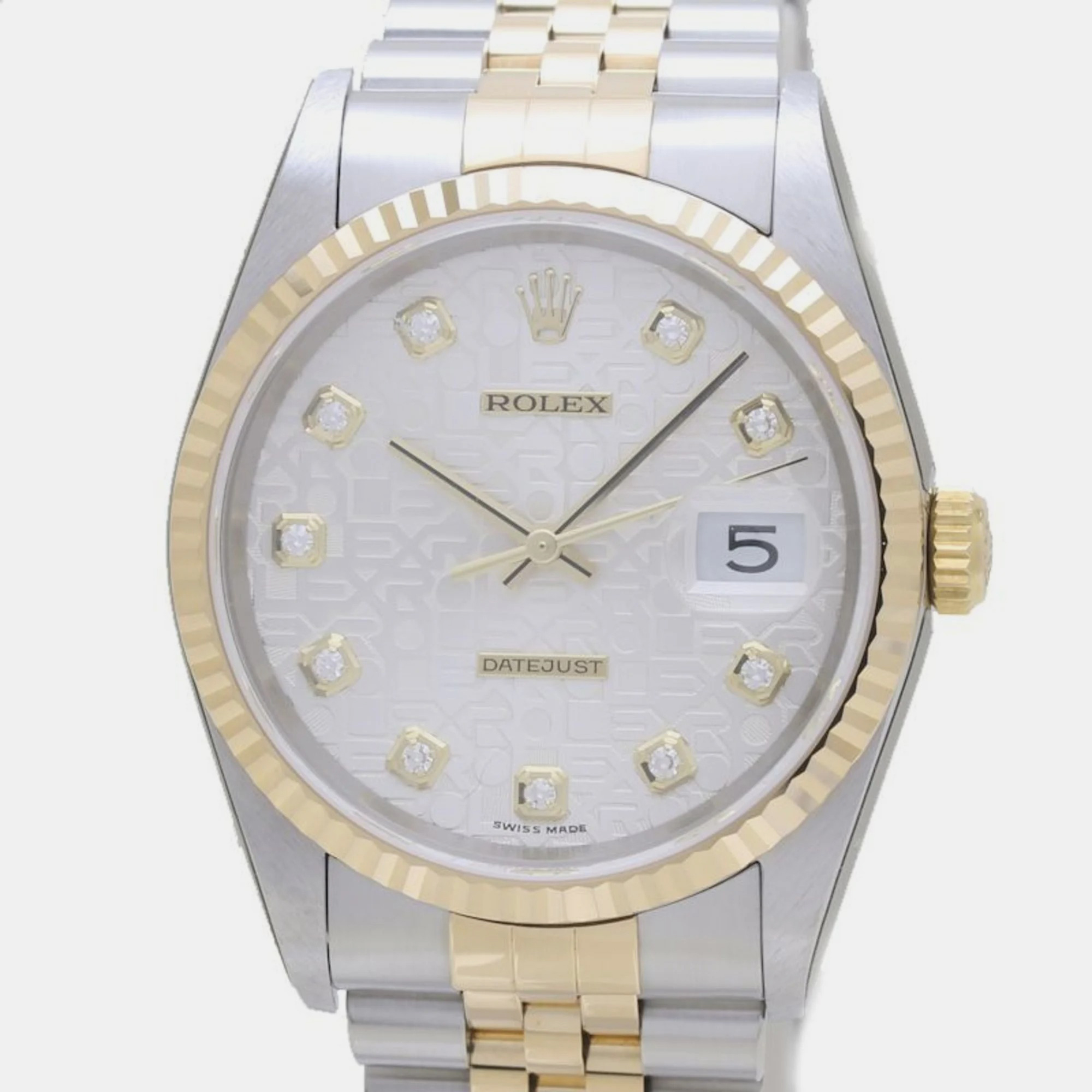 Pre-owned Rolex Silver 18k Yellow Gold Stainless Steel Diamond Datejust 16233 Automatic Men's Wristwatch 36 Mm