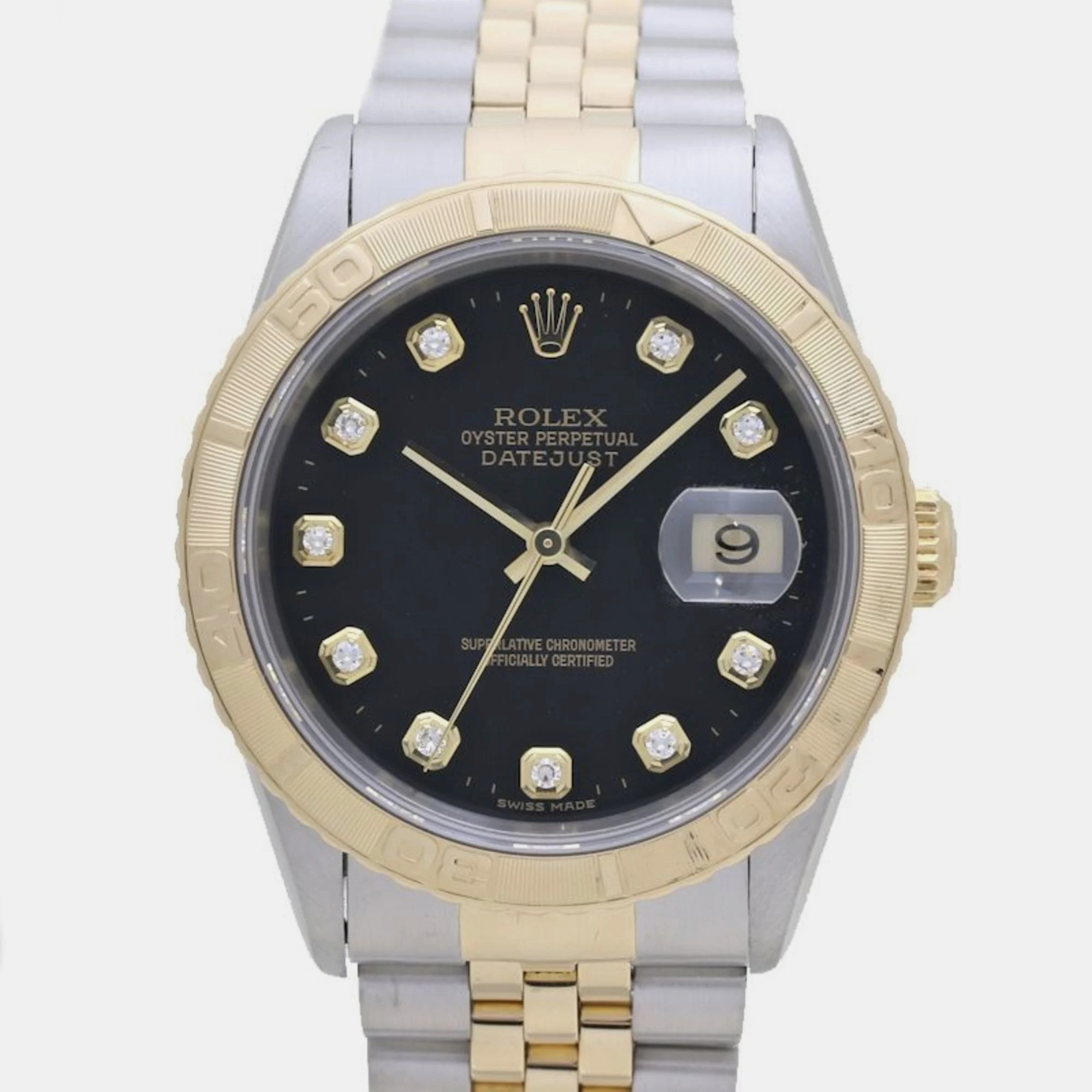 Pre-owned Rolex Black 18k Yellow Gold Stainless Steel Diamond Datejust 16263 Automatic Men's Wristwatch 36 Mm