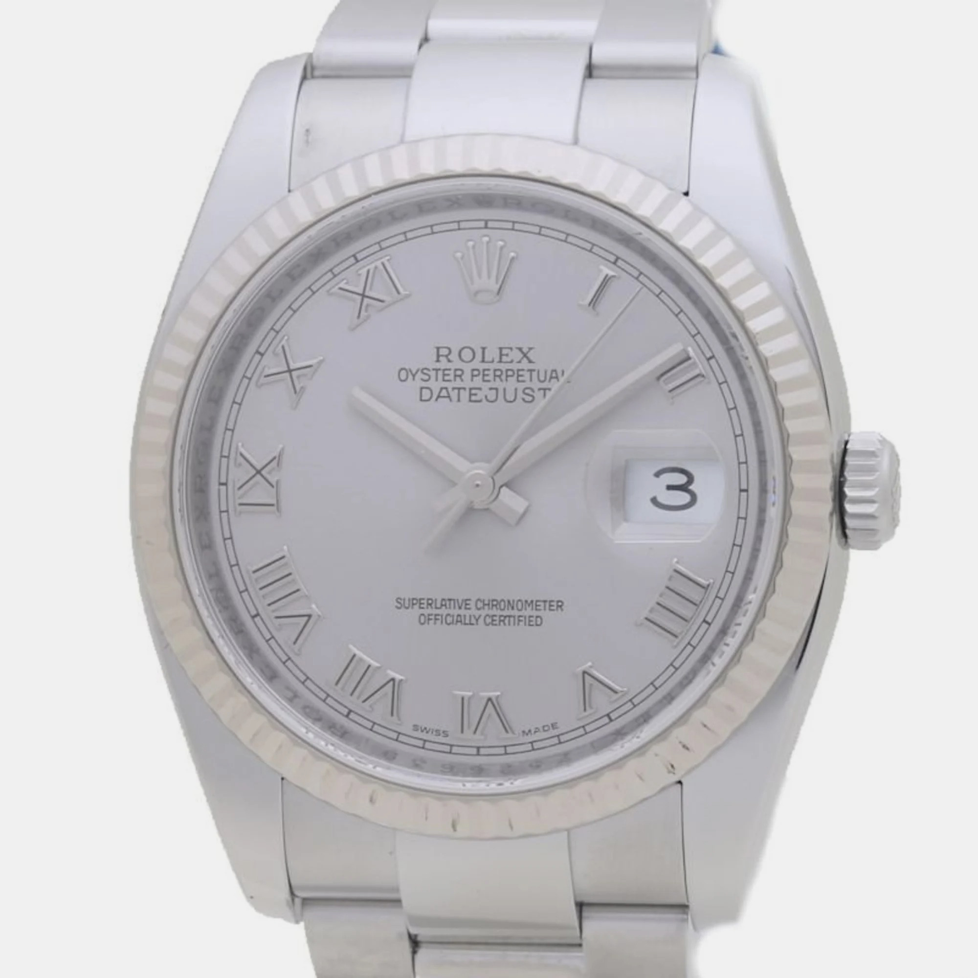 Pre-owned Rolex Silver 18k White Gold Stainless Steel Datejust 116234 Automatic Men's Wristwatch 36 Mm