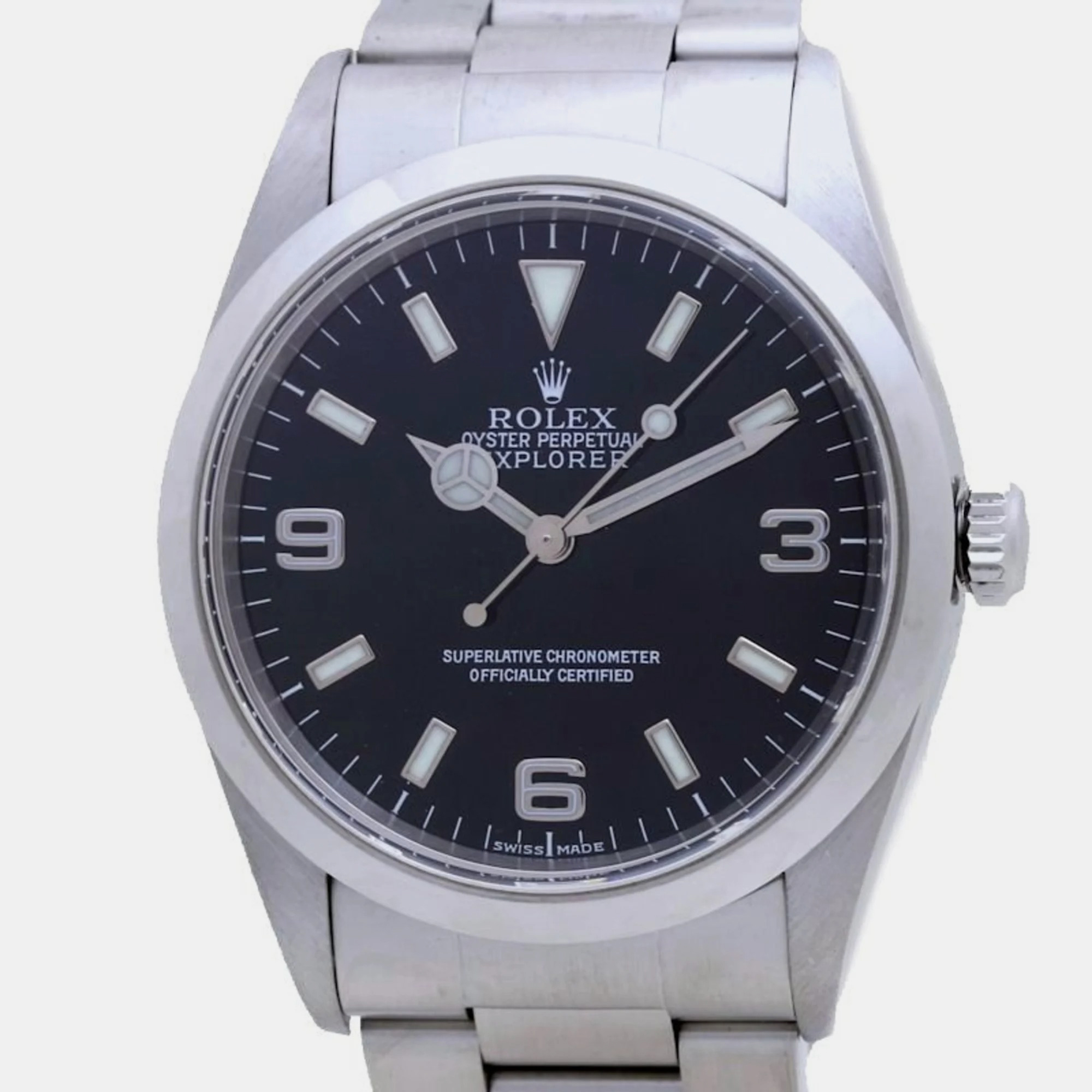 Pre-owned Rolex Black Stainless Steel Explorer 14270 Automatic Men's Wristwatch 36 Mm