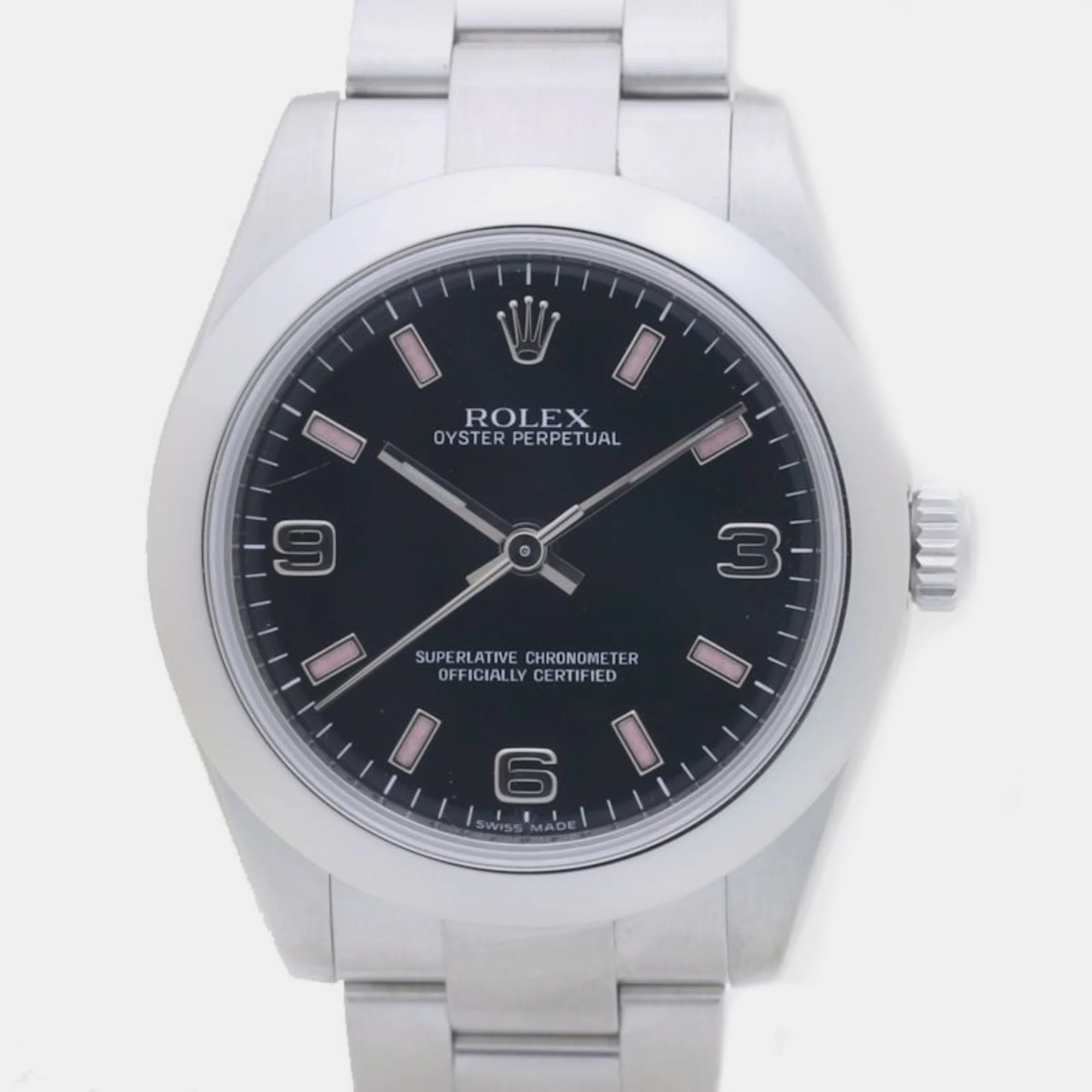 Pre-owned Rolex Black Stainless Steel Oyster Perpetual 177200 Automatic Men's Wristwatch 31 Mm
