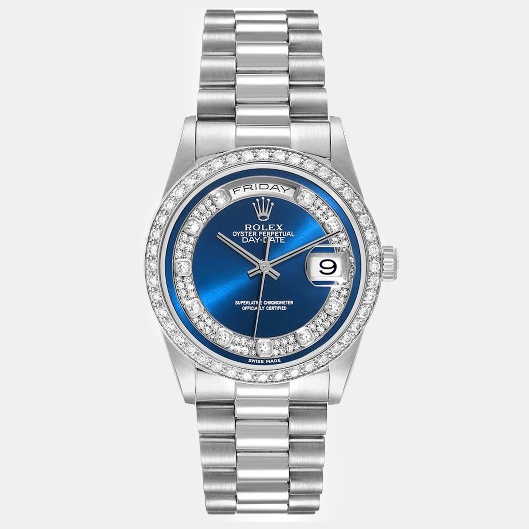

Rolex President Day-Date Platinum Blue Myriad Diamond Dial Mens Watch 18346